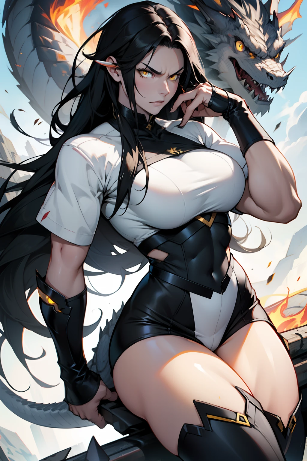 black hair, extremely long hair, yellow eyes, pale skin, muscular, large breasts, thick thighs, angry, white dragon, 1 girl