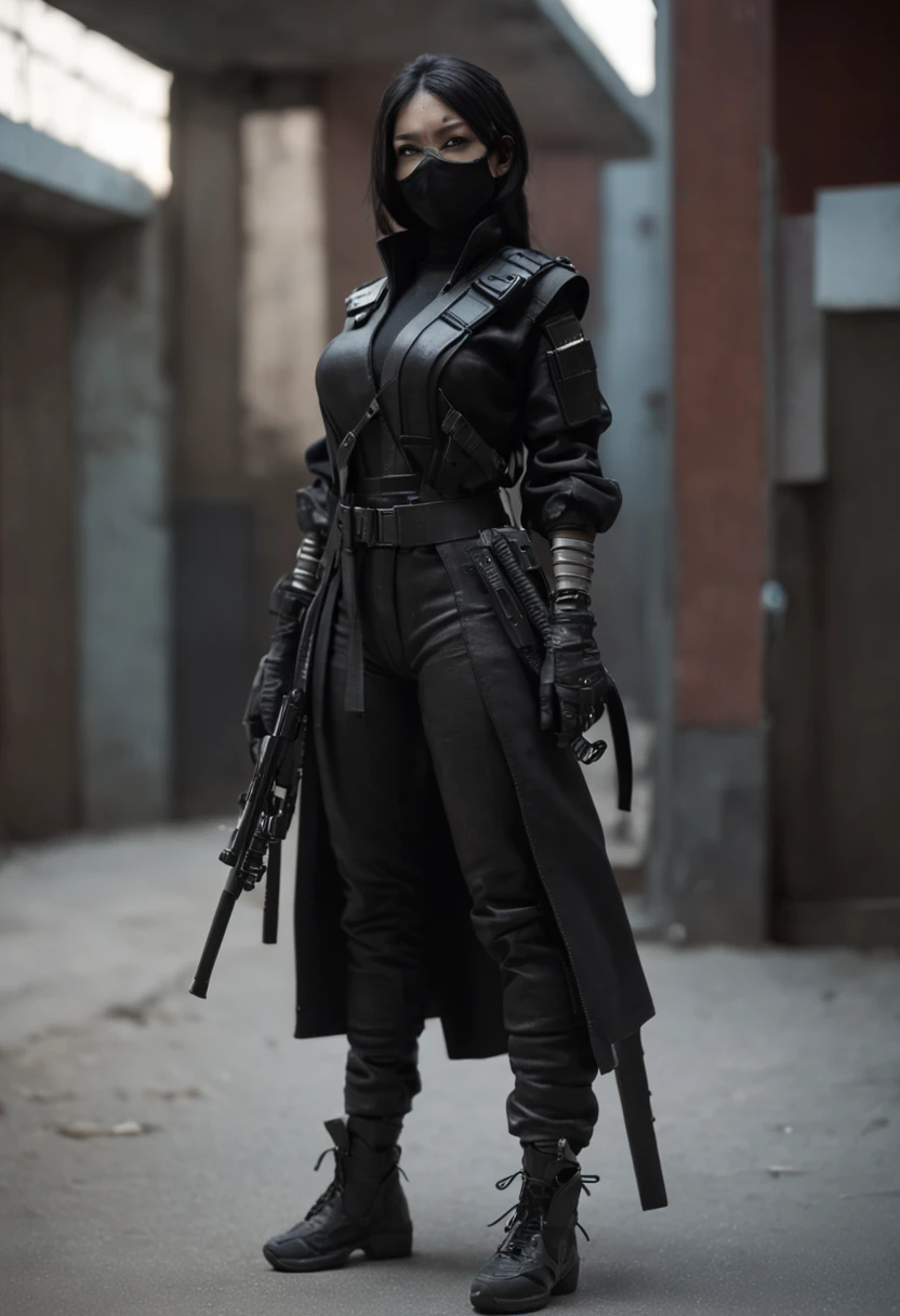 (((FULL BODY)))"Crea una imagen de primer plano de una asesina cyberpunk con una katana y una chaqueta de cuero negra. El estilo debe ser Techwear ninja, ThreeA toys and a special operations head with a mask. The atmosphere must be dystopian science fiction, Techwear cyberpunk y operaciones especiales. Los materiales deben incluir un chaleco antibalas ?????, un uniforme blindado ?????, un traje sigiloso, una armadura sigilosa y un soldado cyberpunk."