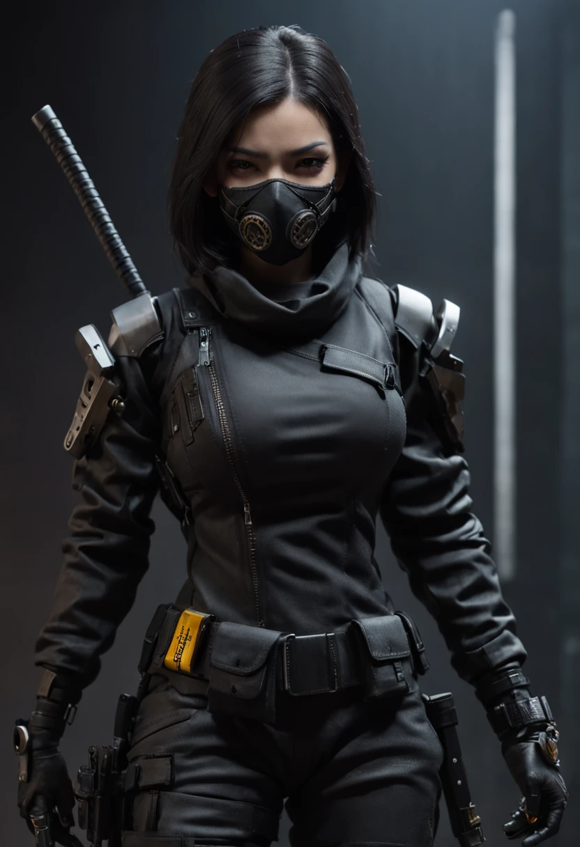 (((FULL BODY)))"Crea una imagen de primer plano de una asesina cyberpunk con una katana y una chaqueta de cuero negra. El estilo debe ser Techwear ninja, ThreeA toys and a special operations head with a mask. The atmosphere must be dystopian science fiction, Techwear cyberpunk y operaciones especiales. Los materiales deben incluir un chaleco antibalas negro, un uniforme blindado negro, un traje sigiloso, una armadura sigilosa y un soldado cyberpunk."