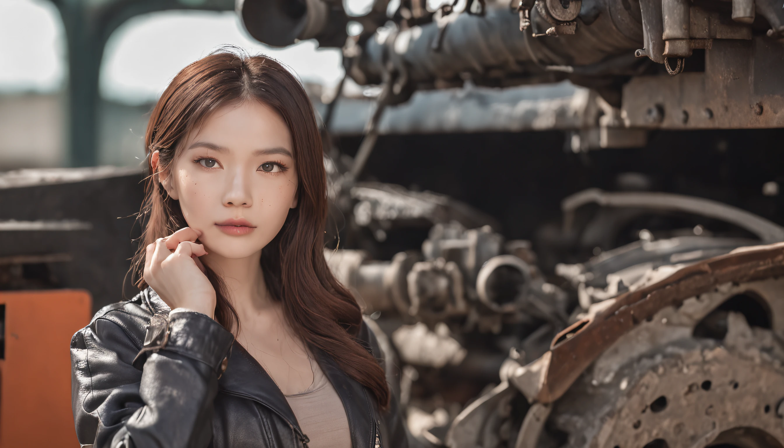 Photo, femele(22)、 Female mechanic working on a railway, Cute, There are colored contacts in her eyes、校服、 Perform vehicle maintenance, Full body , in autumn
