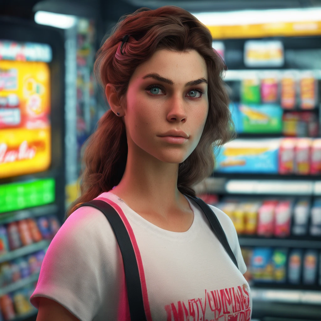 A 20 year old italian girl with tied up hair, big dark gray eyes, and a perfect ovale face, rendered in a photorealistic style with sharp edges and a vibrant atmosphere, standing inside a convenience store with a top tank shirt, front view, cute posing, big lips,