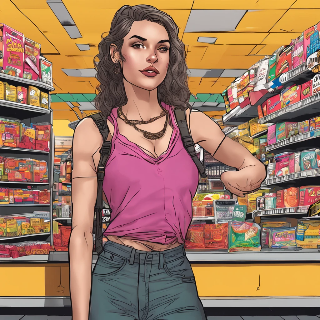 A 20 year old italian girl with tied up hair, big dark gray eyes, and a perfect ovale face, rendered in a photorealistic style with sharp edges and a vibrant atmosphere, standing inside a convenience store with a top tank shirt, front view, cute posing, big lips,