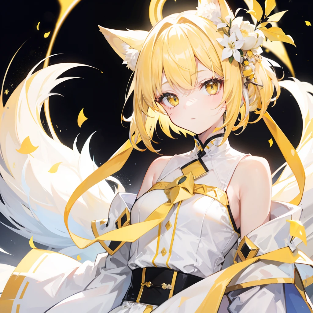 Short fluffy pale yellow hair,It has yellow fox ears,yellow eyes,Wear yellow and white,The one in white silk is a cute and cute girl
