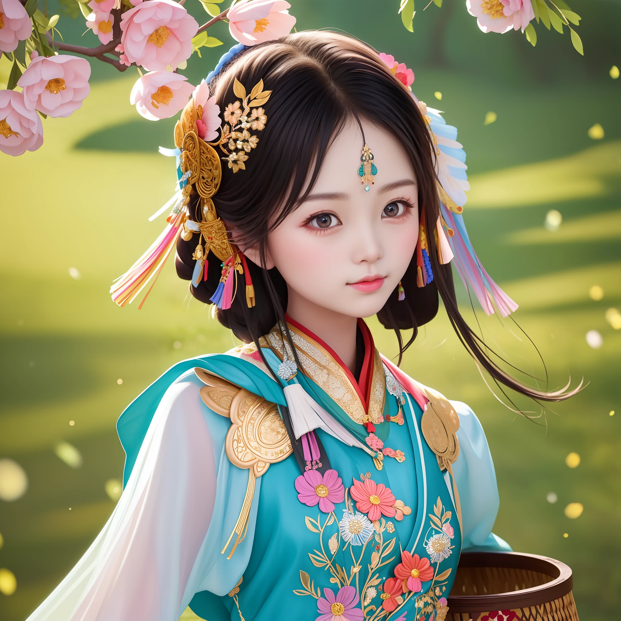 masterpiece, best quality,beautiful face,beautiful eyes,looking at viewer,The Hmong girl, adorned with intricate embroidery and colorful accessories, exudes grace and elegance as she carries a basket filled with vibrant flowers, symbolizing the harmony between humanity and the natural world.