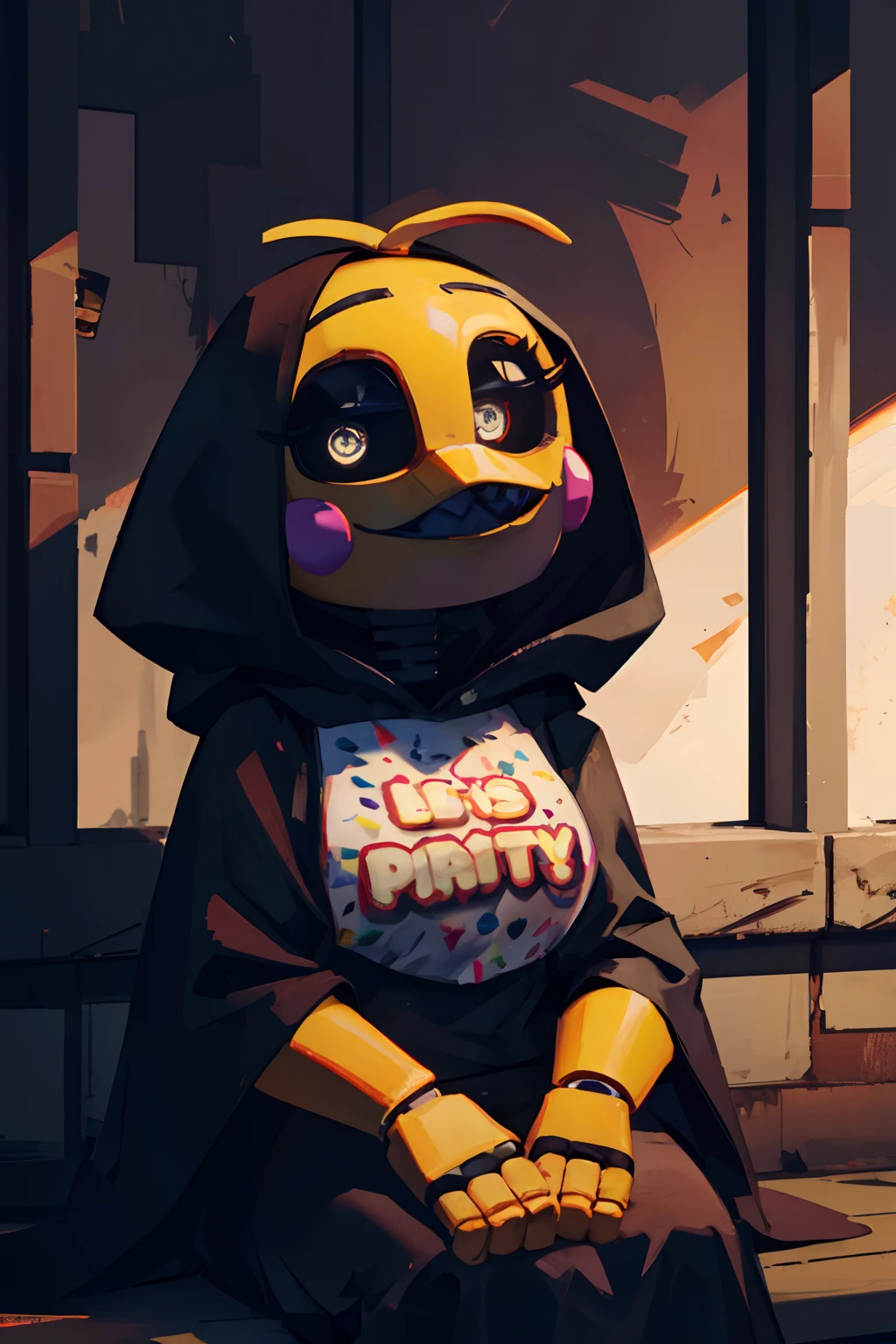 Chica from Five Nights at Freddy's wearing a long black cloak, hood covering her head, sitting on a building in a mysterious and eerie atmosphere.