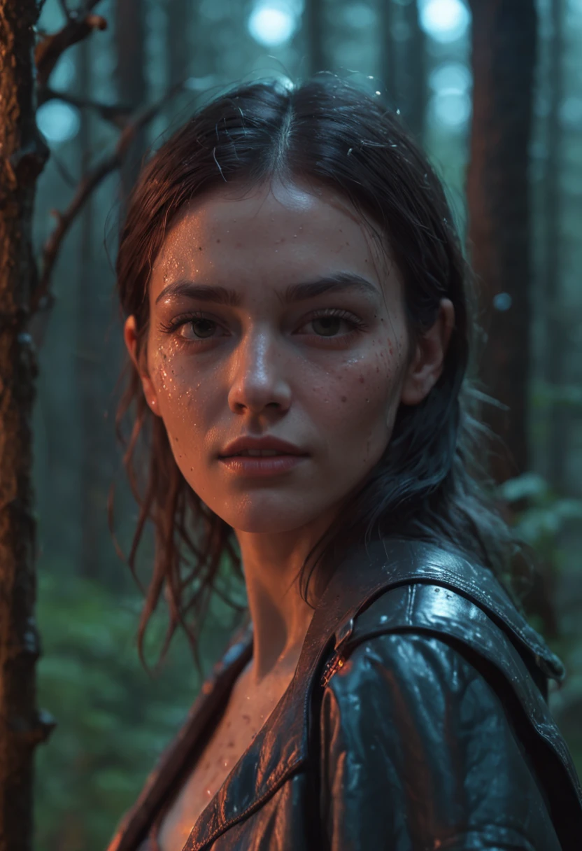 A a closeup of a woman that runs through the rain in a neon lit forest, vibrant array of colors, 1980s, waves of sound, extreme quality, volumetric lighting, ultra detailed, HDR, 8k, detailed lighting, hyper realistic, ultra intricate details, octane render, portrait, elegant, ultra realistic details, photorealistic, (raytracing:1.2), oil painting, retro aesthetic, detailed eyes, detailed face, detailed hands, wet face, wet hair, wet clothing, (cell shaded:1.2) environment, (lines of neon lighting:1.1), (retrowave:1.5), future synth