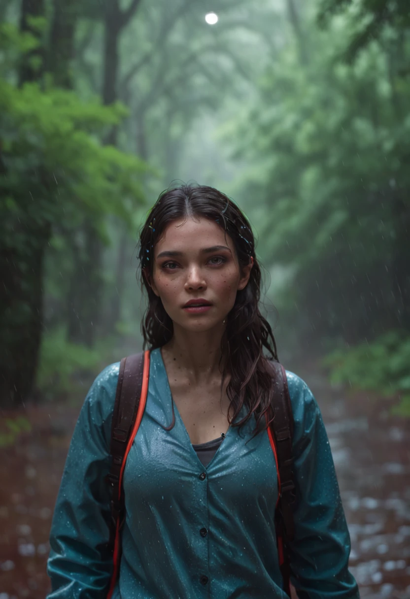 A a closeup of a woman that runs through the rain in a neon lit forest, vibrant array of colors, 1980s, waves of sound, extreme quality, volumetric lighting, ultra detailed, HDR, 8k, detailed lighting, hyper realistic, ultra intricate details, octane render, portrait, elegant, ultra realistic details, photorealistic, (raytracing:1.2), oil painting, retro aesthetic, detailed eyes, detailed face, detailed hands, wet face, wet hair, wet clothing, (cell shaded:1.2) environment, (lines of neon lighting:1.1), (retrowave:1.5), future synth