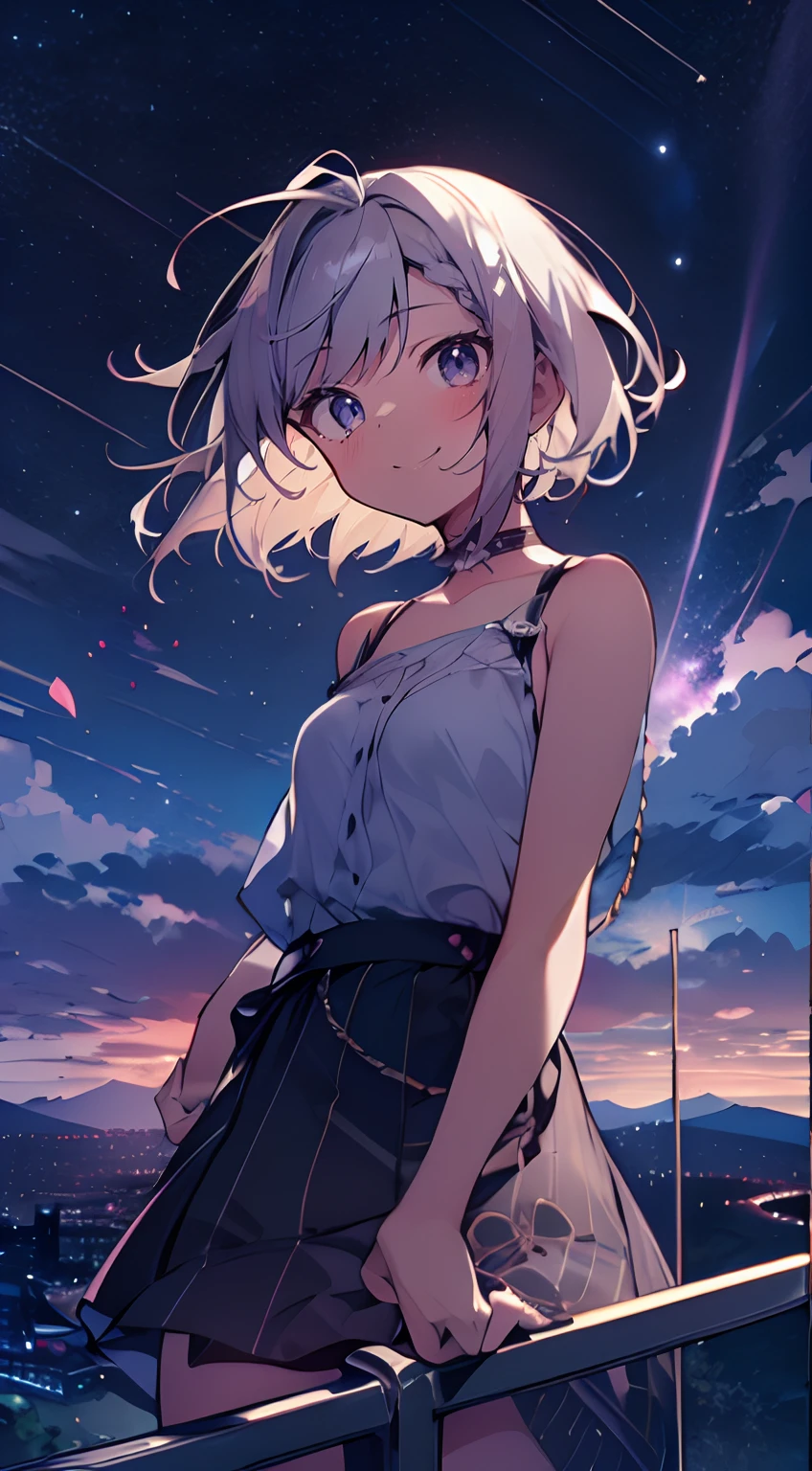 masutepiece, Best Quality,Illustration, Wallpaper, Ultra Detail, Absurdly beautiful, 1girl in、 (Medium short hair、short braided hair), Beautiful ultra-detailed eyes , ample breasts、Hair fluttering in the wind、A mischievous smile、Smaller head、Beautiful night sky、(a panoramic view:1.5)、☆