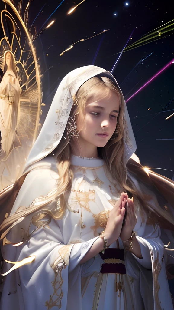 (((Blessed Virgin Mary and the baby Jesus. 19 years old))) ((( Con una cara seria y piadosa. Con una mirada dulce y tierna))) (obra maestra, calidad superior, mejor calidad, arte oficial, beautiful and aesthetic: 1.2), (1girl), extremadamente detallado, (Arte fractal: 1.3), colorido, highest detailed, Cara perfecta, parte superior del cuerpo, HDR, (orando: 1.3), (golden lines of white coat: 1.2), galaxia, (rayas de luz), eye-catching visuals, (dynamic stripes, senderos luminosos: 1.2), colores vibrantes,