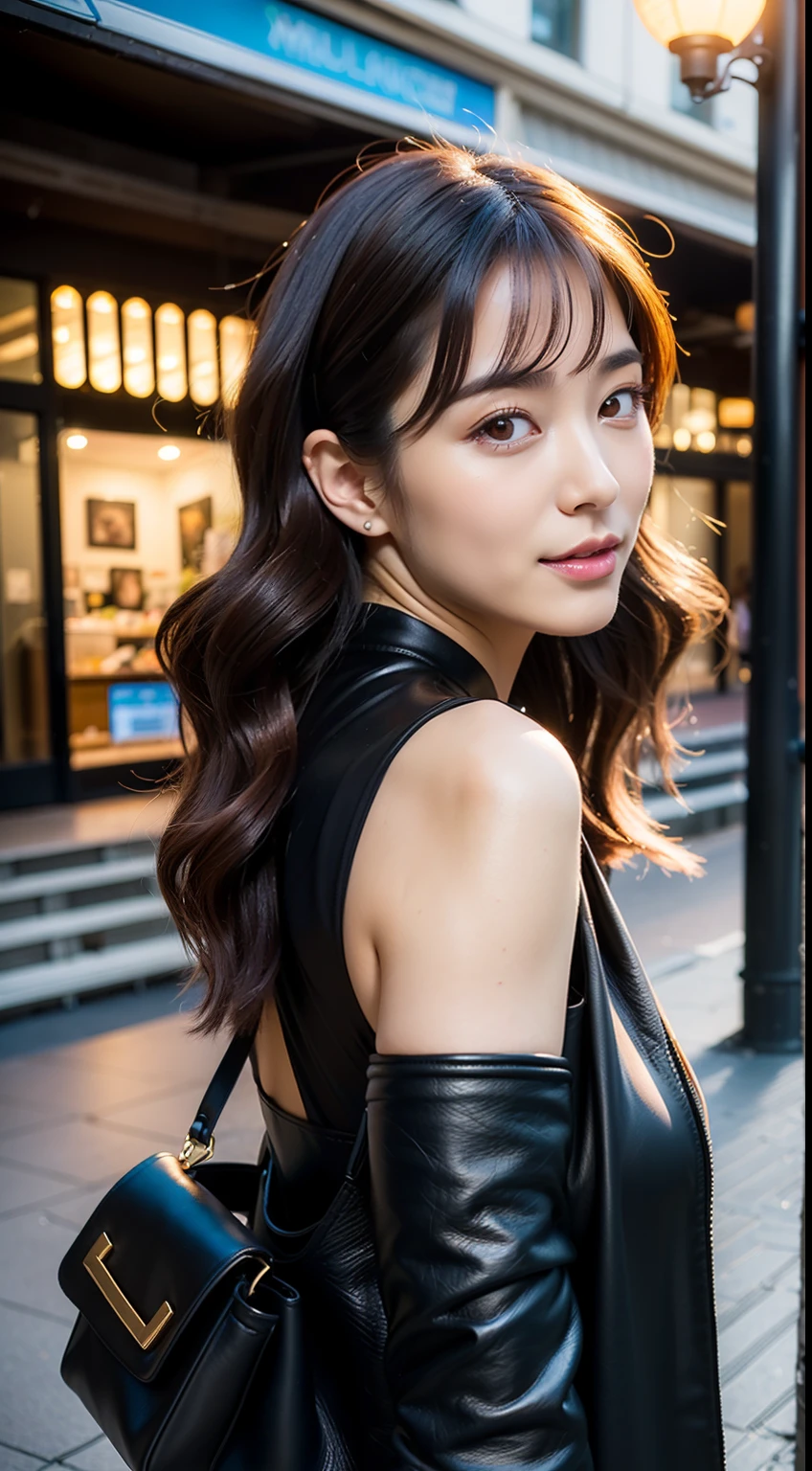 ​masterpiece, top-quality, 超A high resolution, (Photorealsitic:1.4), 32K,beautiful  lighting,profetional lighting,Raw photography, 8K UHD, A detailed face, A detailed eye,Detailed eyes,Symmetrical eyes,Good balance between the left and right eyes,no-makeup:1.5,Baby Faced Girl,Cute little girl s,18year old,(((cabelos preto e longos,One-length,with round face,a baby face,Young Face, Narrow eyebrows,round upturned nose,Letter to))), (((［Tight long dress that sticks to the body,deep v neck、Wear a leather jacket in layers］,(((This is a common-sense configuration,Not erotic))),(Sensual body lines:1.5,Colossal tits:1.5,Big buttocks:1.3,Thicker thighs,bbw:1.6,Thick body line),((sideboob barbosa:1.3)),Late night street corner,Night view of the city, longshot,Facing backwards、Looks Back,Big breasts:1.5,Yua Mikami