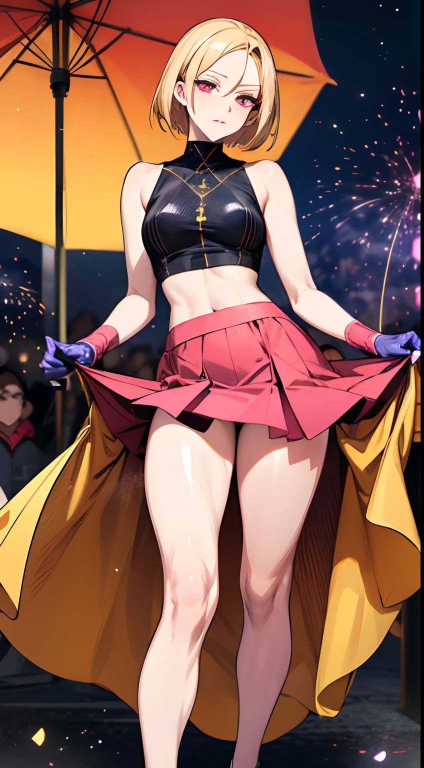 (masutepiece, Best Quality:1.5), (Blue-violet theme:1.2), (fine lines, Particle:1.6), (Realistic clothing), full body Esbian, 8K, absurderes, tight outfit, close up of face, thighs thighs thighs thighs, Delicate girl, Violet crop top, Sleeveless, Violet skirt, Shiny skin, Looking at Viewer,  , Pixie Short Hairstyles, Cream yellow hair, shorth hair, long lashes、Red eyeshadow(digital anime:0.8), (Edge lighting, highest details, ighly detailed, ultra-detailliert, finely detail:0.8), [:Detailed face and eyes:10], (Lesh pink eyes:1.2), (night with a dull bluish tint,,:1.5), (a sultry:1.6), cosplayer, Random Posing, Race Queen、Uniform with logo、 Exquisite beauty、Beautiful face, Body shape of slim model, wet shiny body, neons、Large crowds、audience、Forming an emperor、Drag racing、Midsommar Racing Circuit、racing car、Large crowds、Spectators、