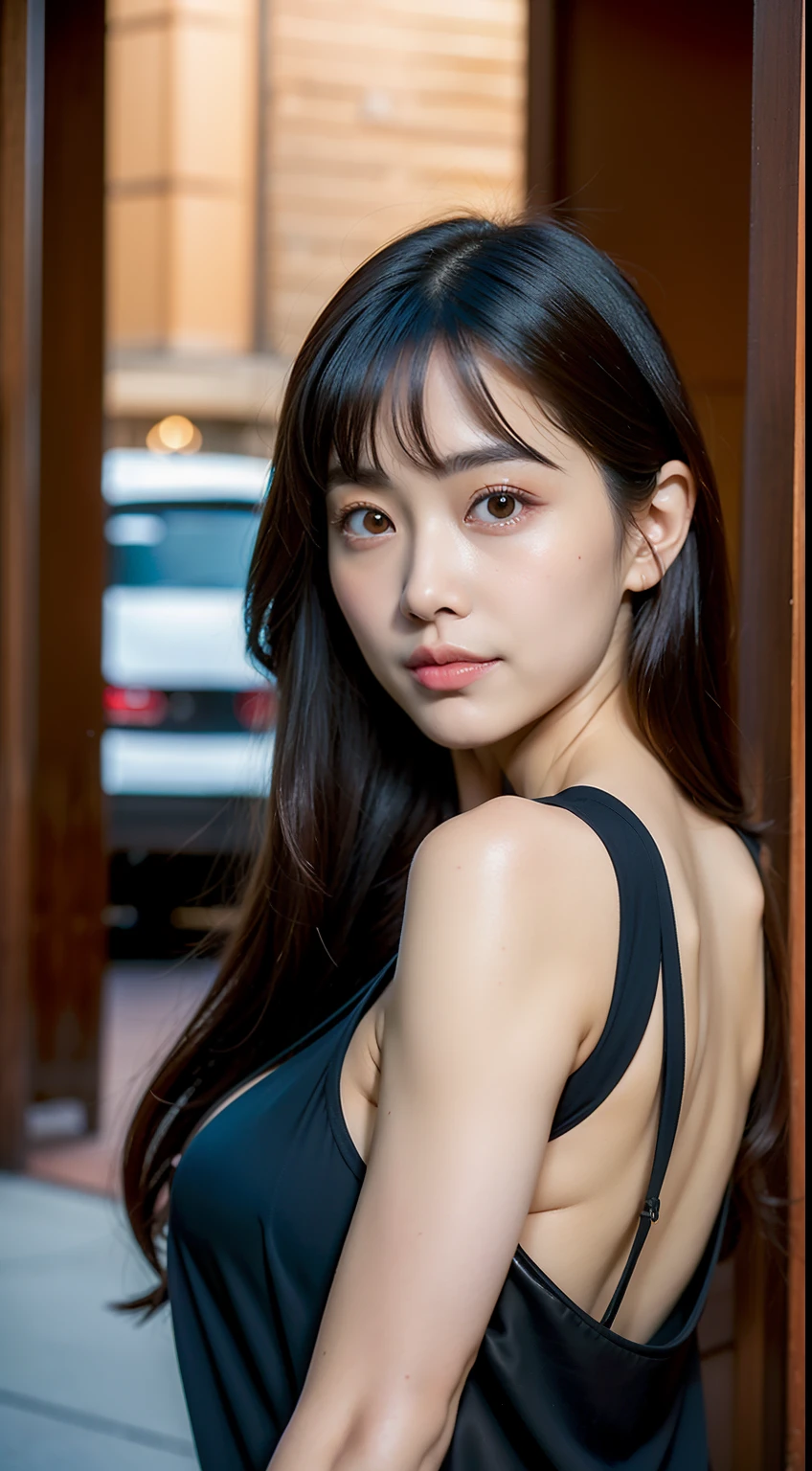 ​masterpiece, top-quality, 超A high resolution, (Photorealsitic:1.4), 32K,beautiful  lighting,profetional lighting,Raw photography, 8K UHD, A detailed face, A detailed eye,Detailed eyes,Symmetrical eyes,Good balance between the left and right eyes,no-makeup:1.5,Baby Faced Girl,Cute little girl s,18year old,(((cabelos preto e longos,One-length,with round face,a baby face,Young Face, Narrow eyebrows,round upturned nose,Letter to))), (((［Tight long dress that sticks to the body,deep v neck、Wear a leather jacket in layers］,(((This is a common-sense configuration,Not erotic))),(Sensual body lines:1.5,Colossal tits:1.5,Big buttocks:1.3,Thicker thighs,bbw:1.6,Thick body line),((sideboob barbosa:1.3)),Late night street corner,Night view of the city, longshot,Facing backwards、Looks Back,Big breasts:1.5,Yua Mikami