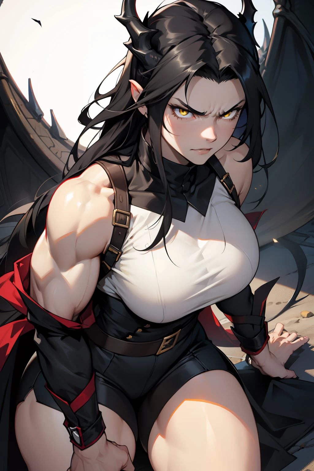 very long hair muscular girl pale skin black hair yellow eyes angry