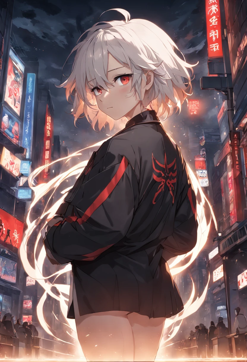 Young male，with short white hair，Two strands of brown hair hang down at the sides，red color eyes，Black swallowtail suit，Indifferent atmosphere，Two-dimensional style，2D rendering，full bodyesbian，Hyper-realistic photo，4K