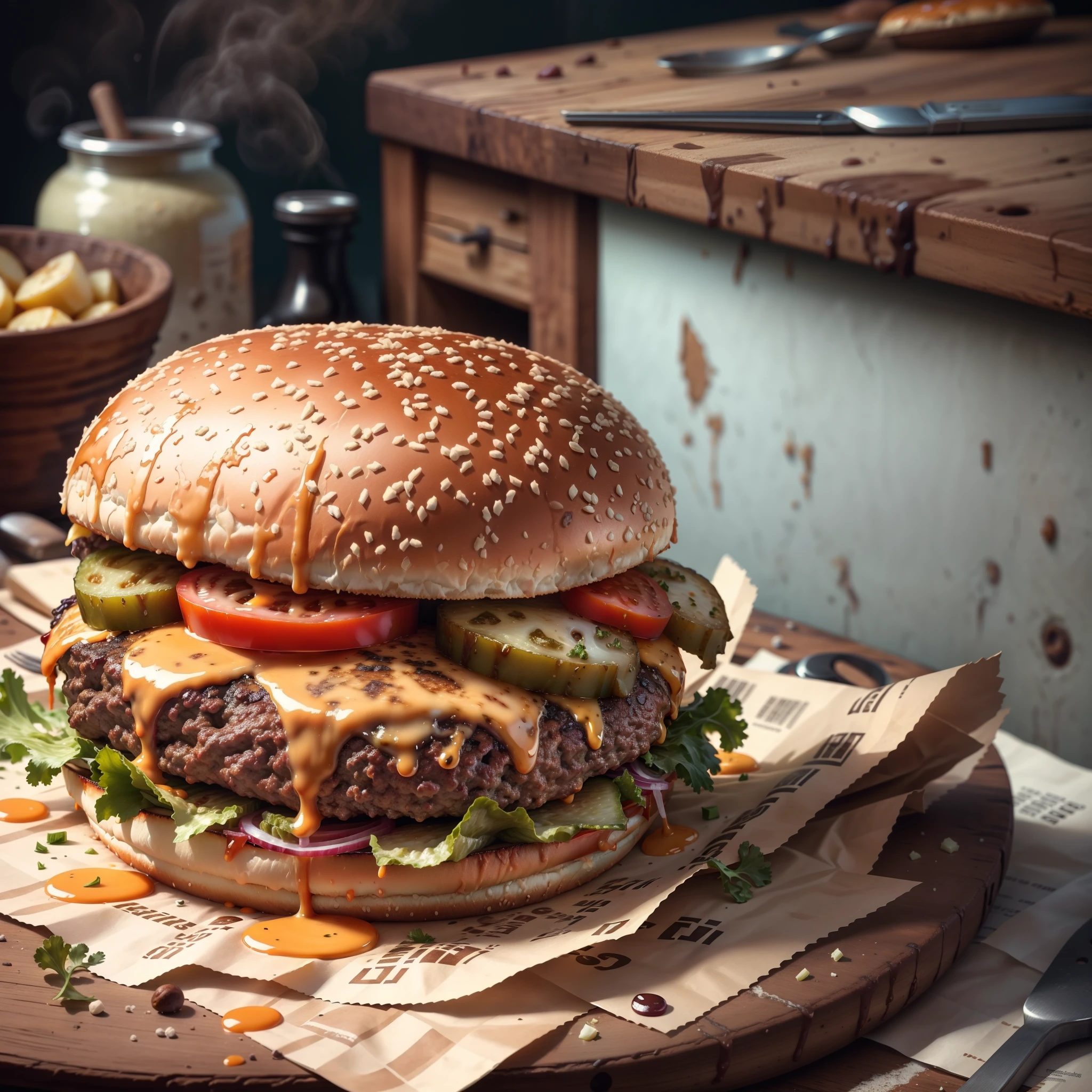 a burger on a countertop with potatoes