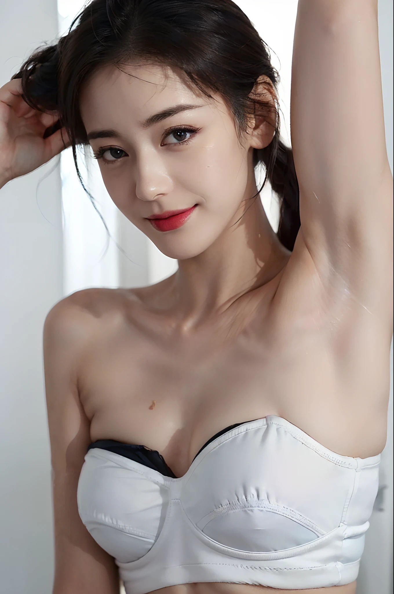 ((Realistic lighting, Best quality, 8K, Masterpiece: 1.3)), Clear focus, upper body: 1.2, 1girl, Perfect Figure: 1.4, Slim Abs: 1.1, ((Dark brown hair)), (naked), (balcony, Night: 1.1), Super fine face, Fine eyes, Double eyelids, close up, smile, armpit