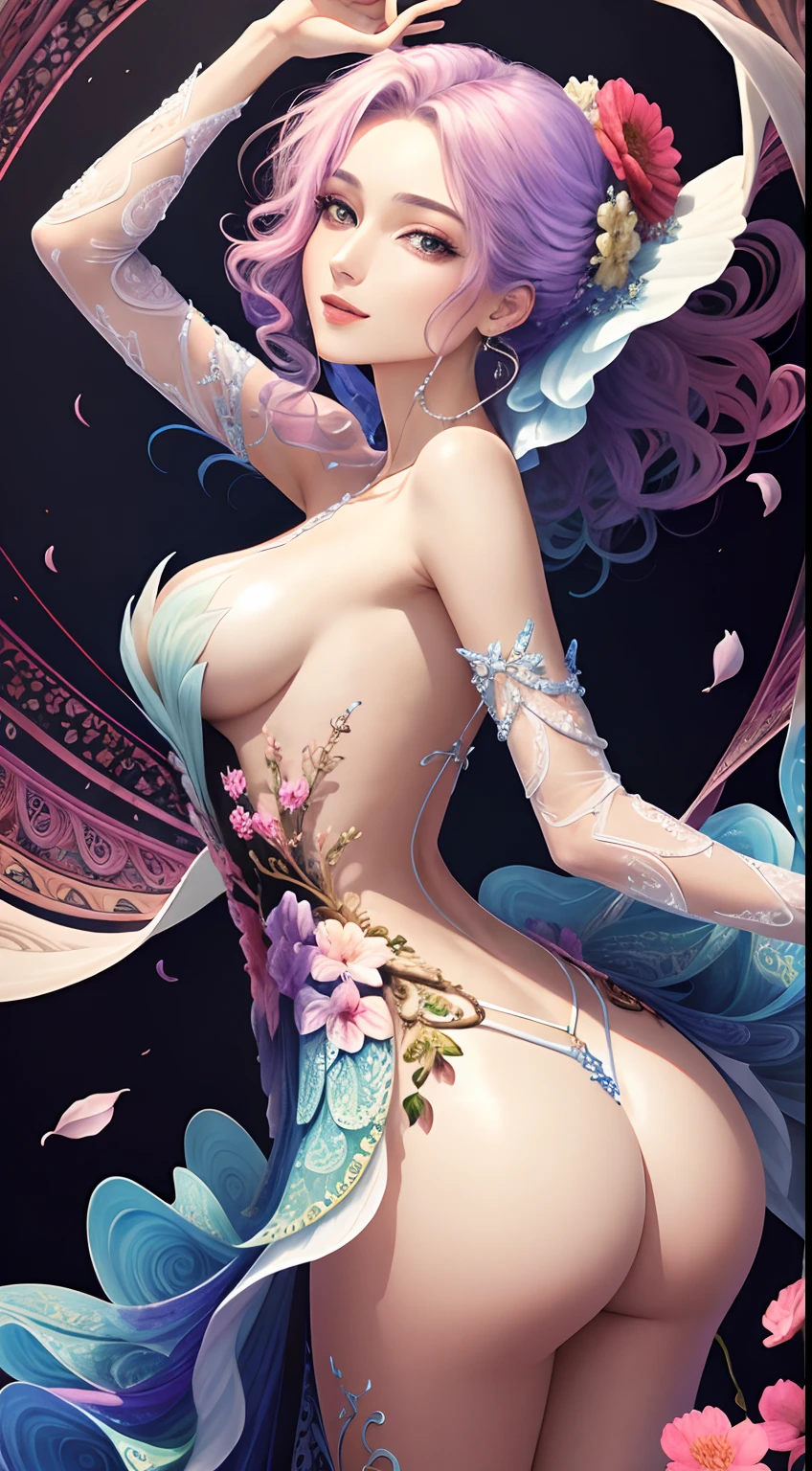 (Masterpiece, top quality, best quality, official art, Beauty and aesthetics: 1.2), (1 girl: 1.3), very detailed, (fractal art: 1.2), colorful, highest detail, (zentangle: 1.2), (dynamic pose), (abstract background: 1.5), (three-layer dress: 1.2), (shiny skin), (multiple colors: 1.4), upper body, transparent gauze, bare shoulders, blooming flower field, glowing skin, light smile, sexy, bust, naked, from below, butt up waiting up