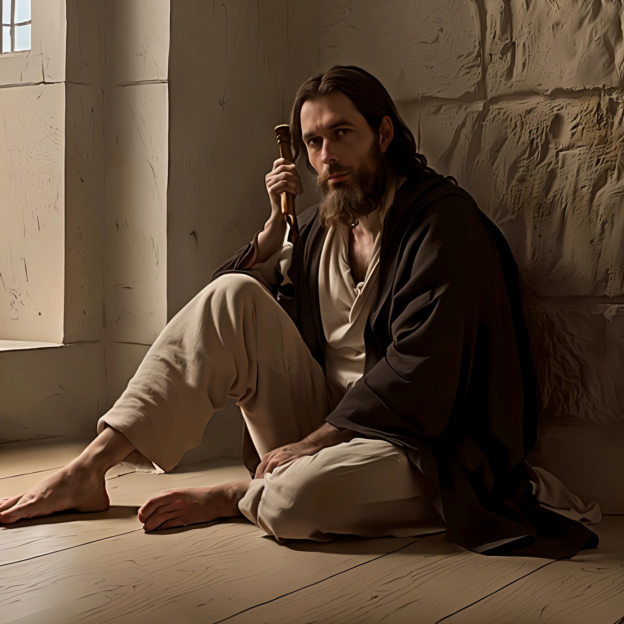 Man sitting on the floor with a staff in his hand, inspirado em Francesco Hayez, inspirado em Carl Heinrich Bloch, Jesus Cristo Fumando um Blunt, pintado digitalmente, filme ainda 8K, jesus wasted at a party, holy man looking down at the ground, foto de retrato de pintura fosca, Jesus Cristo, Mateus Bento, advertising photo,