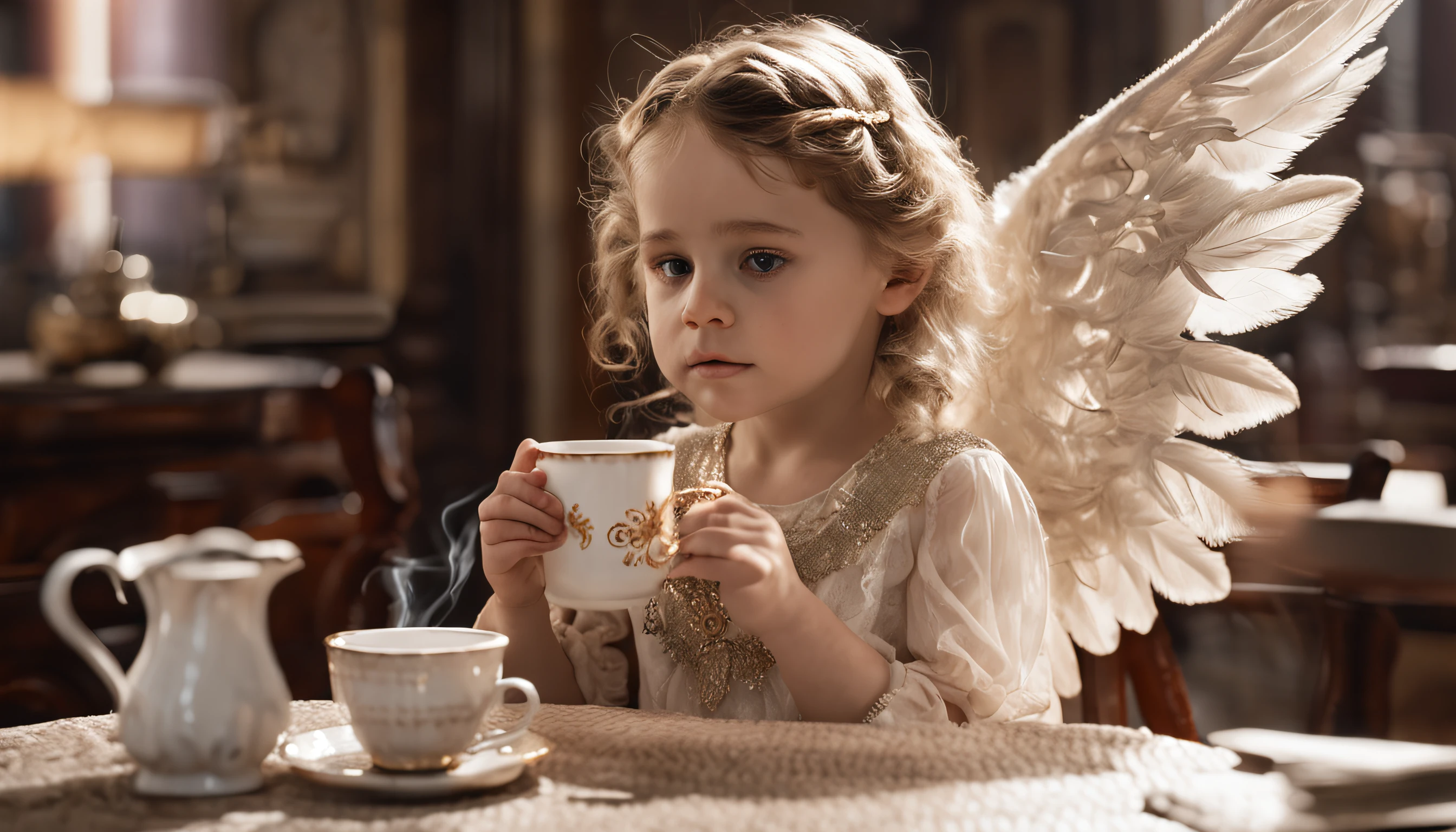 photoRealstic、Drawing of a little girl with a cup of coffee and angel wings、Beautiful Angel Girl、Close one eye、Rococo Room、Angel girl drinking coffee in luxurious room