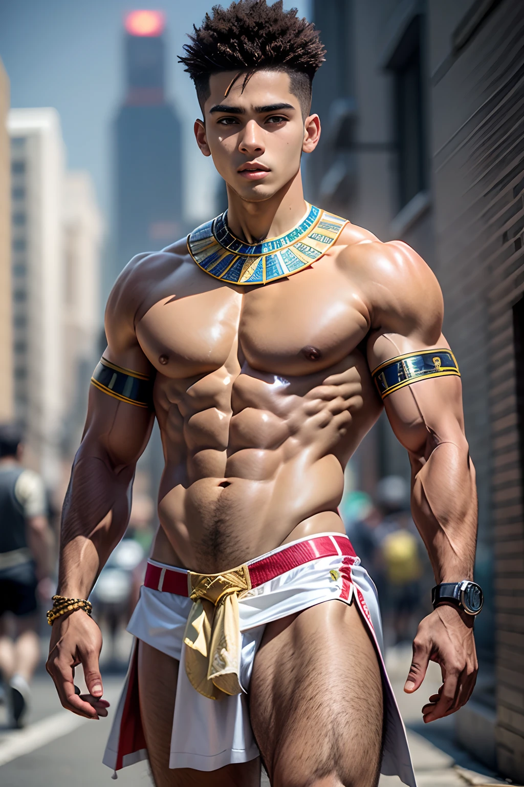 -yeld Armale athletic boy, You're naked, Agora mesmo, Frascos Brancos, pele de canela avermelhada, cabelos lisos, Caminhe perdido e assustado pelas ruas de Nova York, The young man wears a skirt typical of ancient Egypt