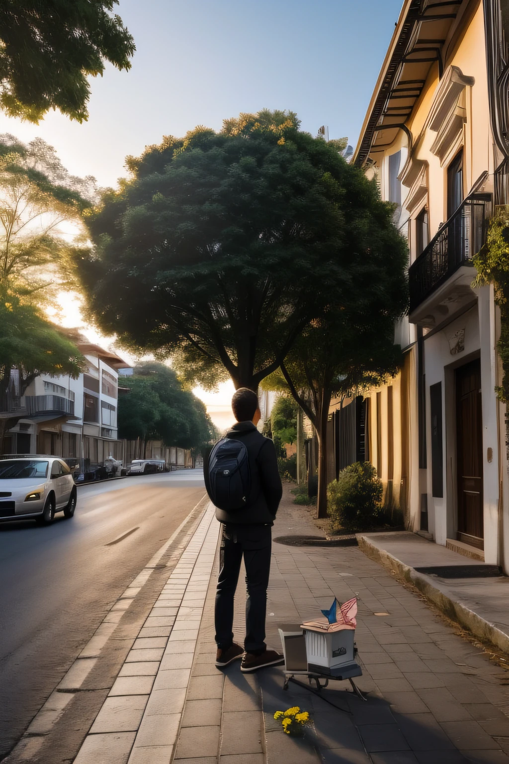 Imagine a young man alone on the sidewalk of his street at dawn and sees a butterfly in a tree – what would the interface for that look like, como seria a rua e os detalhes.