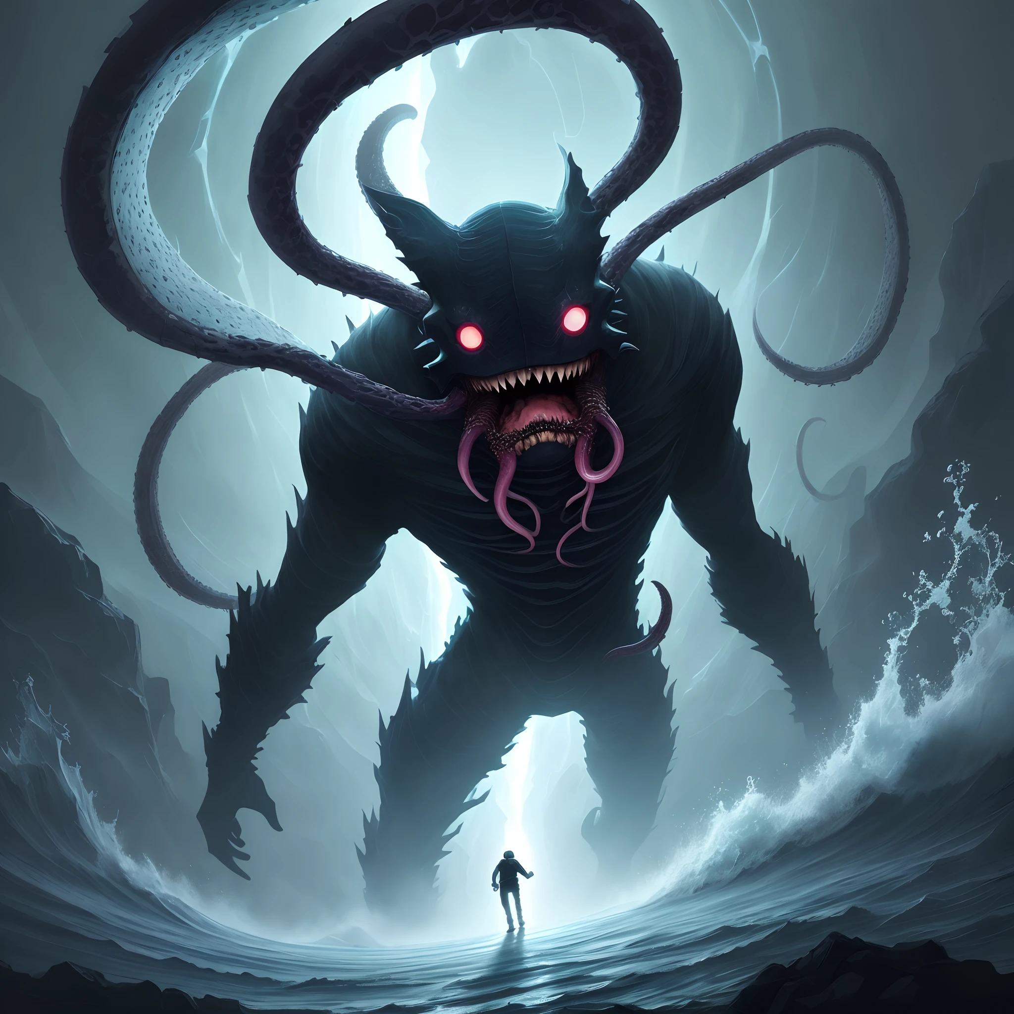 A painting shows a man struggling in the dark,Wriggle towards where there is God's light,Behind him is unknown in the darkness,Tentacles with mucus(Tentacles of destiny)Attack him,His expression was terrified。