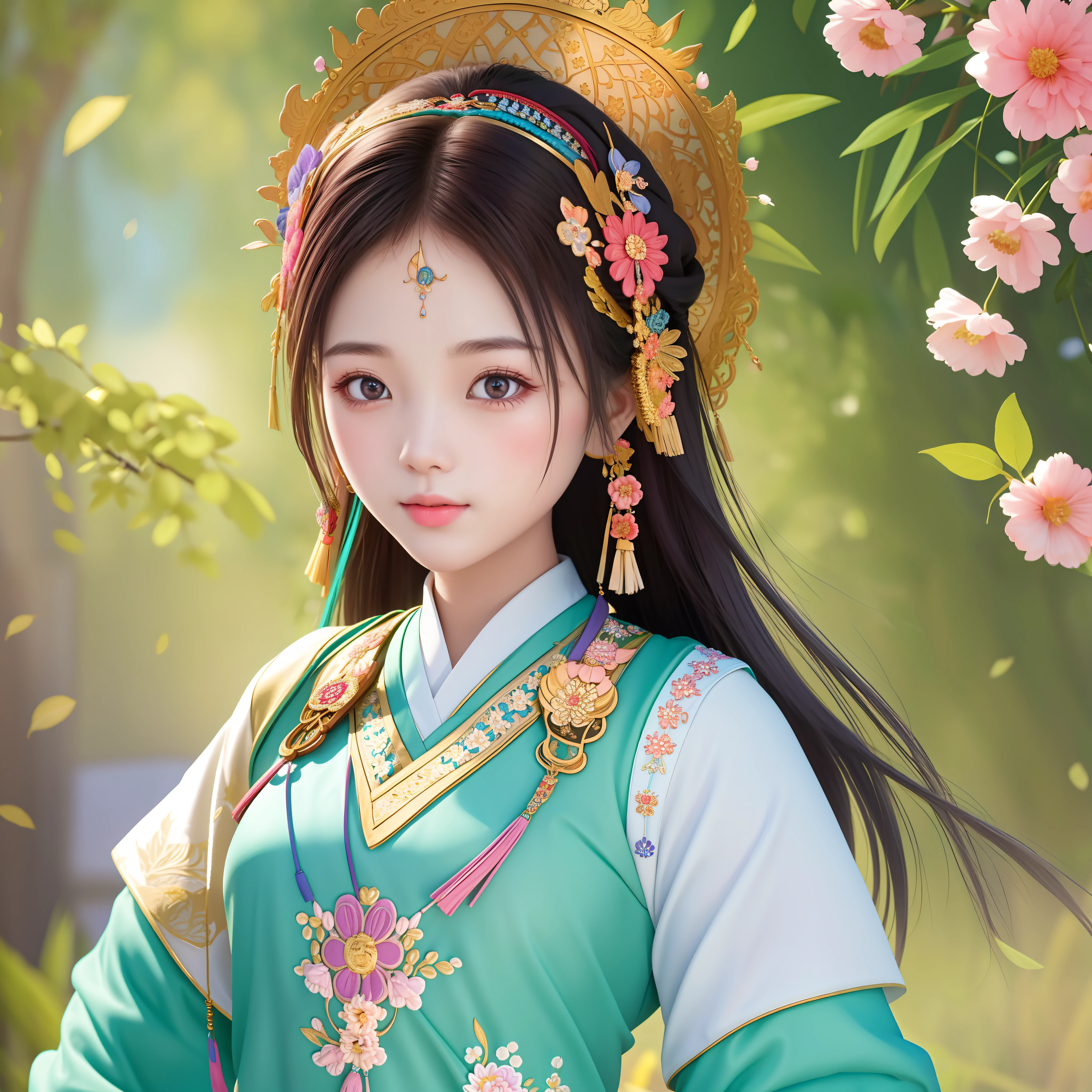 masterpiece, best quality,beautiful face,beautiful eyes,looking at viewer,The Hmong girl, adorned with intricate embroidery and colorful accessories, exudes grace and elegance as she carries a basket filled with vibrant flowers, symbolizing the harmony between humanity and the natural world.