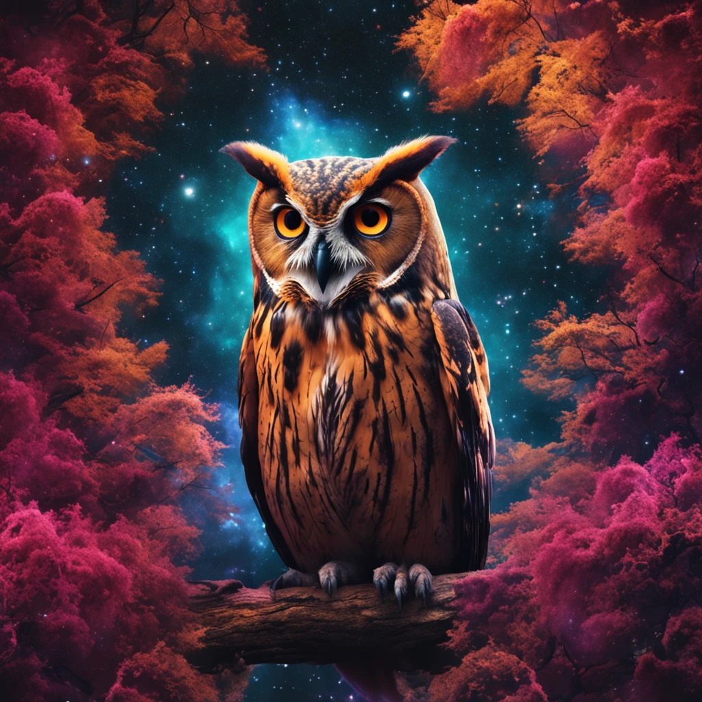 Classic image of a nebula in the shape of an owl, with a small tree in the center of the image looking over a shoulder