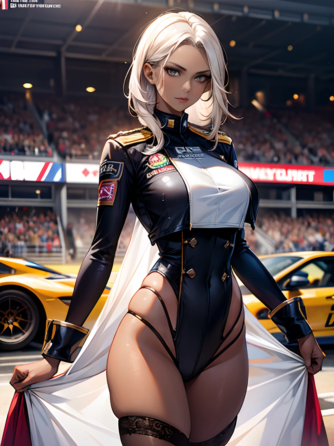Unreal Engine 5 Realistic Rendering, cosplayer, Random Posing, Race Queen、Uniform with logo、 Exquisite beauty、Beautiful face, Body shape of slim model, Colossal tits, shiny, wet shiny body, short white hair, (((Dark brown skin beauty))), neons、Large crowds、audience、Forming an emperor、Drag racing、Midsommar Racing Circuit、racing car、Lower grade、Large crowds、Spectators、