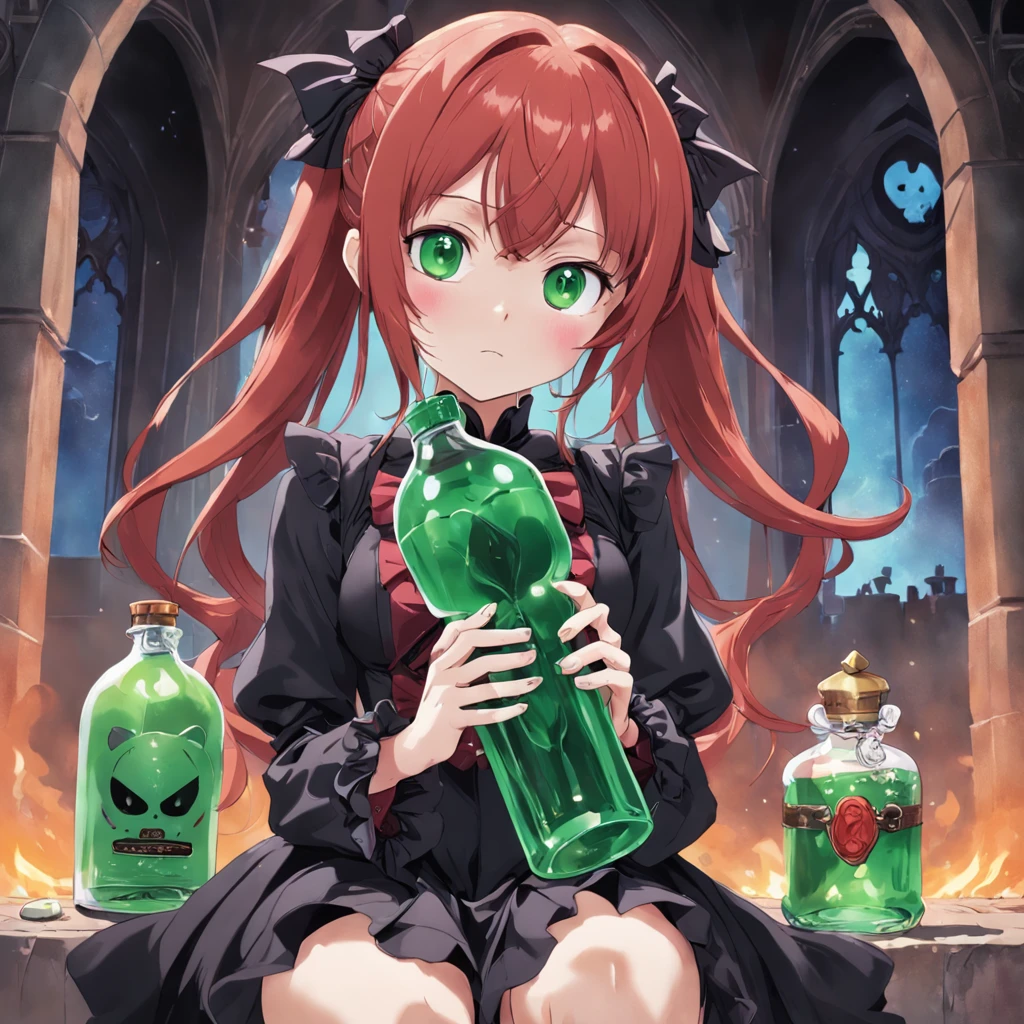 Cinematic Anime key visual of Asuka Souryuu Langley, a pale green humanoid that resembles a gummy bear, dressed in a gothic outfit, with an associated bottle of red wine in the background