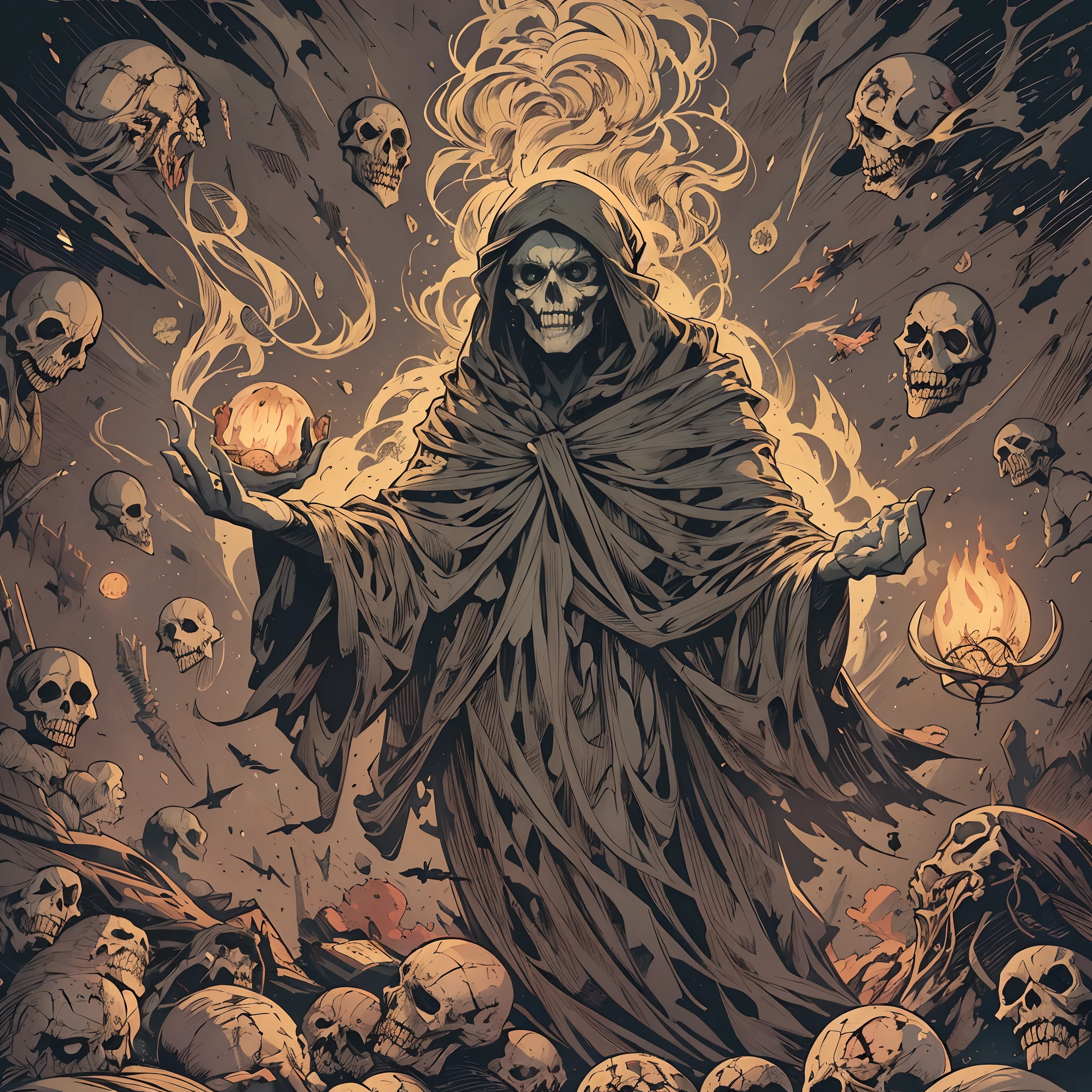 Um Necromante sombrio, (illustration style), casting spells, papel de parede, fundo intrincado, amazing background, (como uma arte de capa de filme de terror)