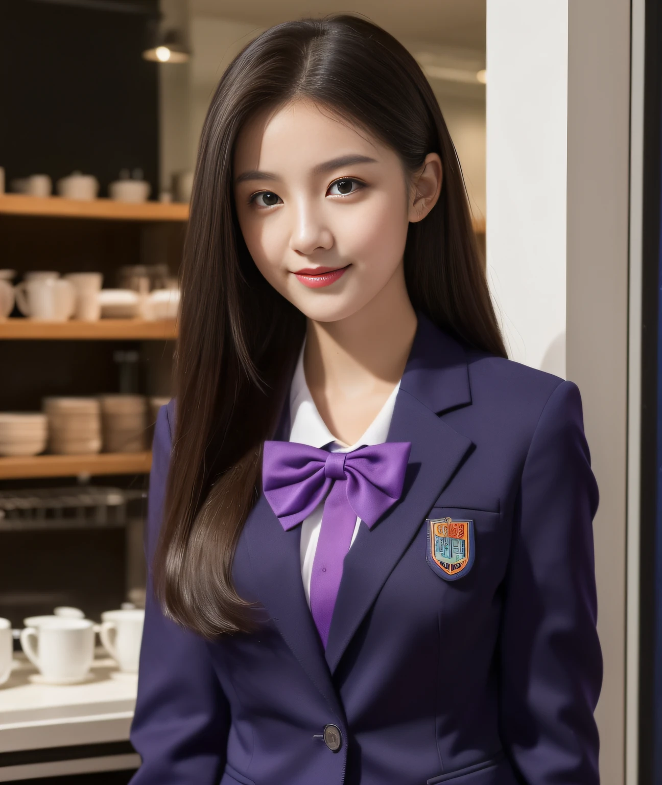 ((Best Quality, 8K, Masterpiece: 1.3)), a beauti, In addition, melon face, Friendly and cute, sweet smile, Pure desire, Slender body, (s whole body), (tilted head), ((looking at camera)), Medium Black Silky Straight Hair, Long flowing shoulders, round black big eyes, clear big eyes, moist red lips, Cafe shop background, ((full body shooting)), (SkyBlue Blazer, bows, Sock, High School Uniform: 1.2, ), (Middle breast)