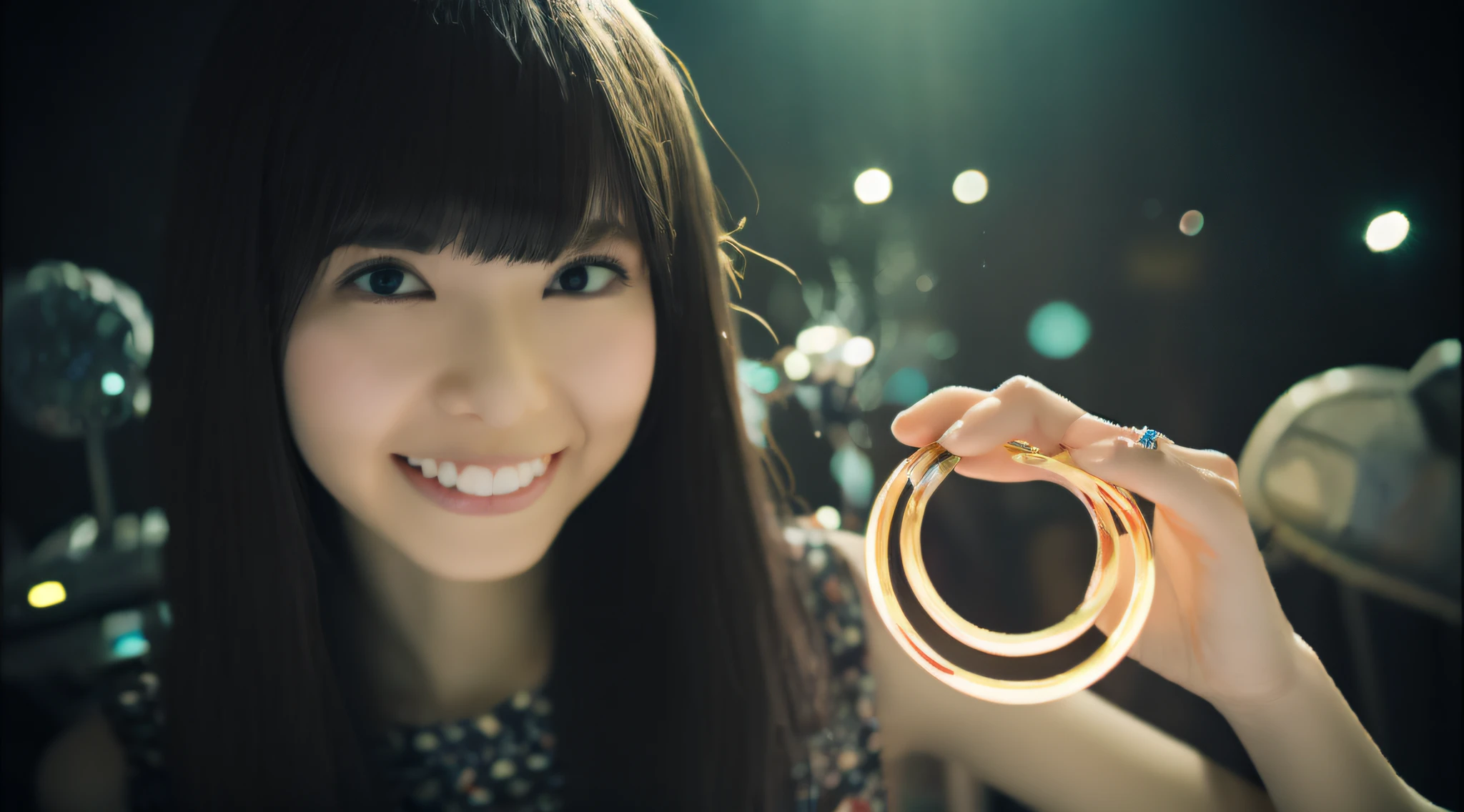 One Japan Woman、Jet-black universe、Neptune's rings are visible、Black hair、longeyelashes, Solid Circle Eyes, lightsmile, surrealism, drop shadow, anaglyph, stereograms, in 8K, Super Detail, ccurate, Best Quality,