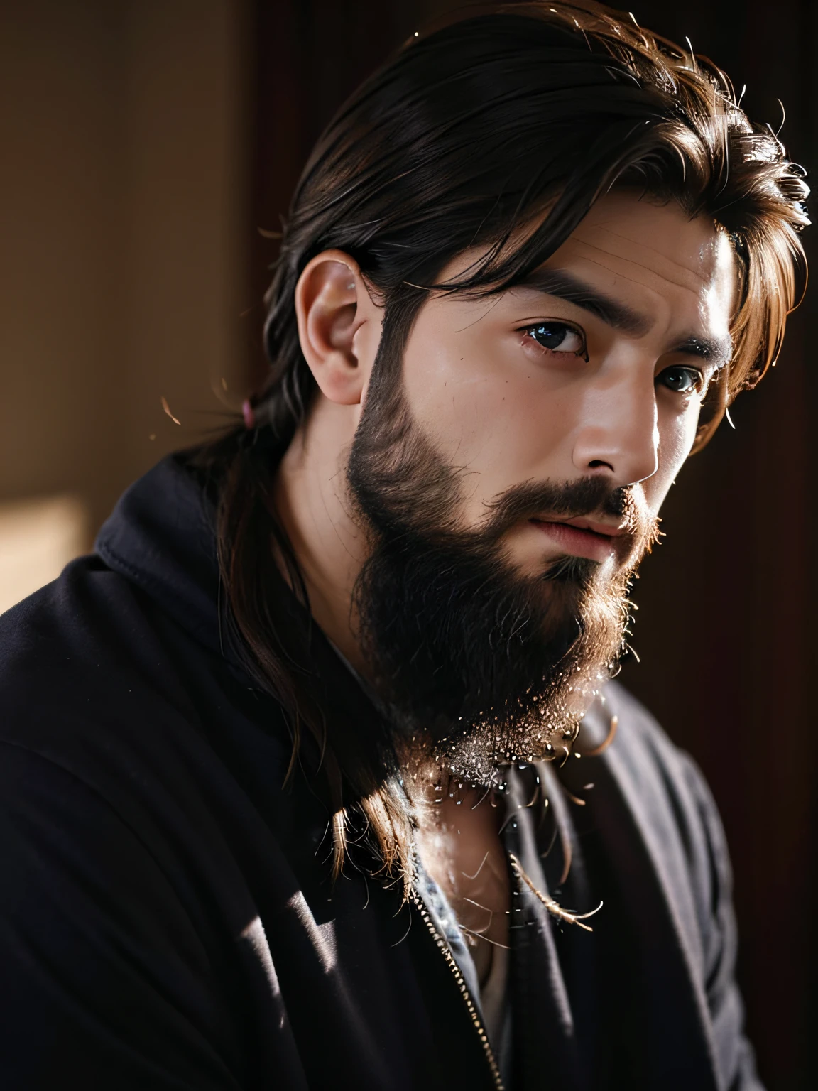 top-quality、masterpiece、超A high resolution、(Photorealsitic:1.4)、Raw photo、Young handsome man、a beard、silber hair、Menacingly sharp focus