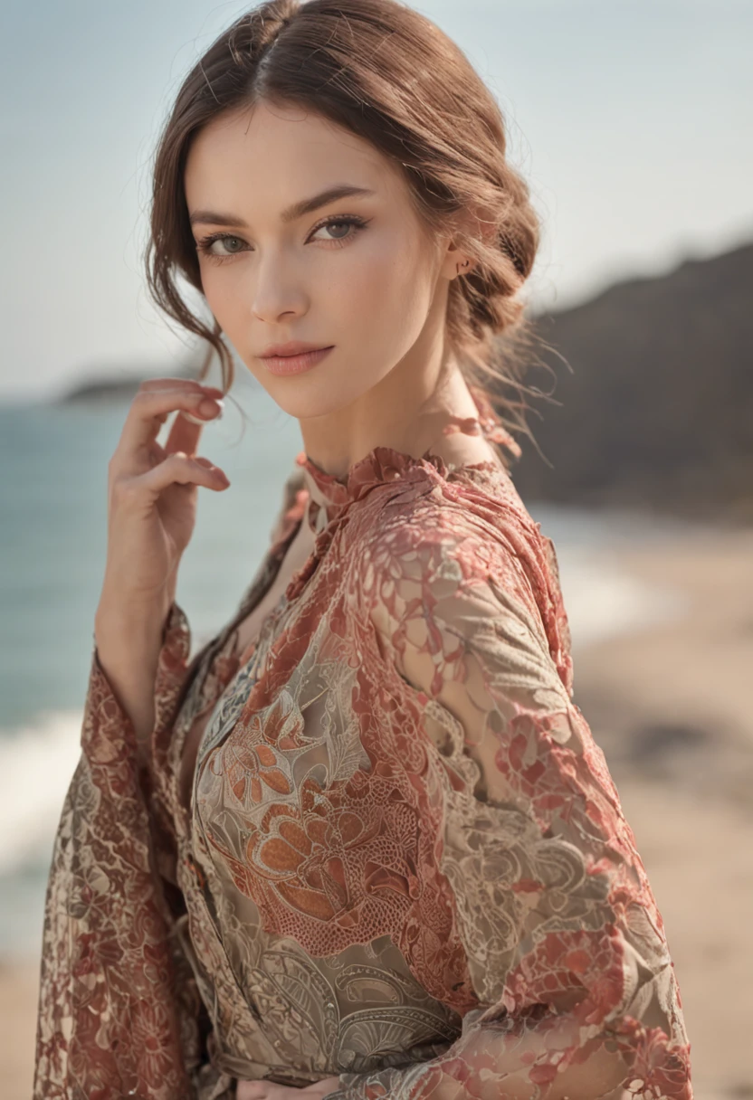 Gorgeous model strutting the runway at a fashion show, wearing breathtaking summer outfits with intricate batik pattern details. The outdoor view near the beach highlights every smallest detail, making the catwalk come alive.