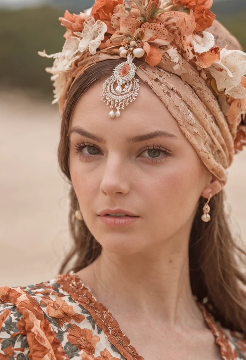 Gorgeous model strutting the runway at a fashion show, wearing breathtaking summer outfits with intricate batik pattern details. The outdoor view near the beach highlights every smallest detail, making the catwalk come alive.
