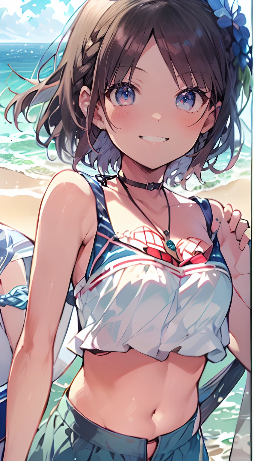 masutepiece, Best Quality,Illustration, Wallpaper, Ultra Detail, Absurd beauty, 1beautiful girl、(Medium short hair、short braided hair), Beautiful ultra-detailed eyes , Hair fluttering in the wind、A refreshing smile、Smaller head、(The bikini)、playing by the sea、At sea in summer、(a panoramic view:1.5)