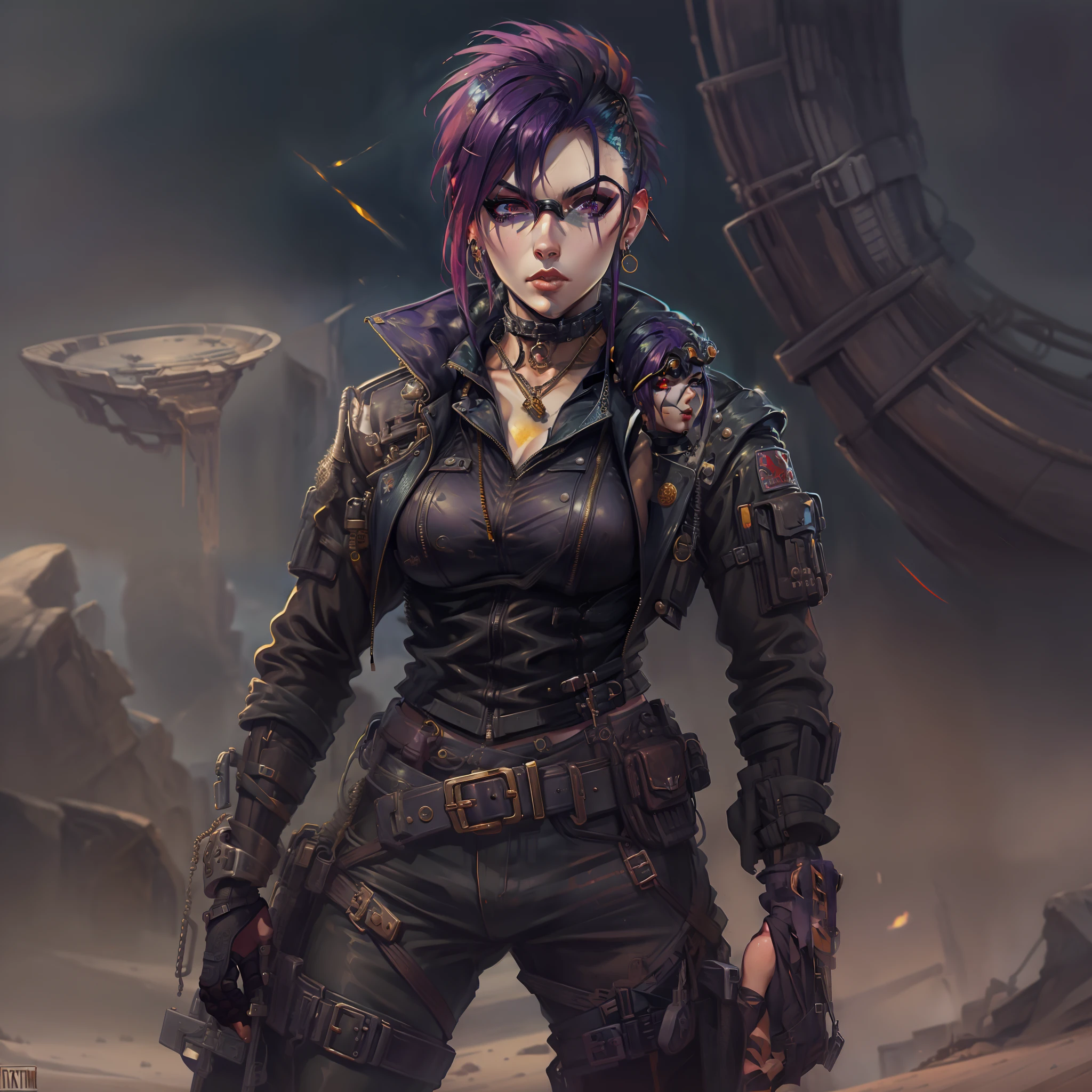 female with short shaved dark purple hair, wearing goggles, villain, wearing casual desert punk clothing, has lower lip stud piercings, muscular, abs visible, wearing metal collar