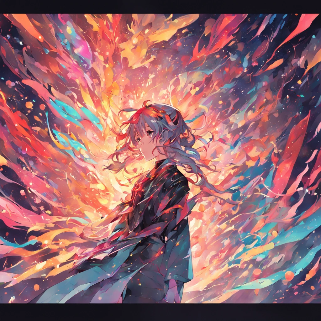 A li looking up at the stars，black and orange hair，meteor，Black clothes，手中悬浮着一颗meteor，((Pure black background))