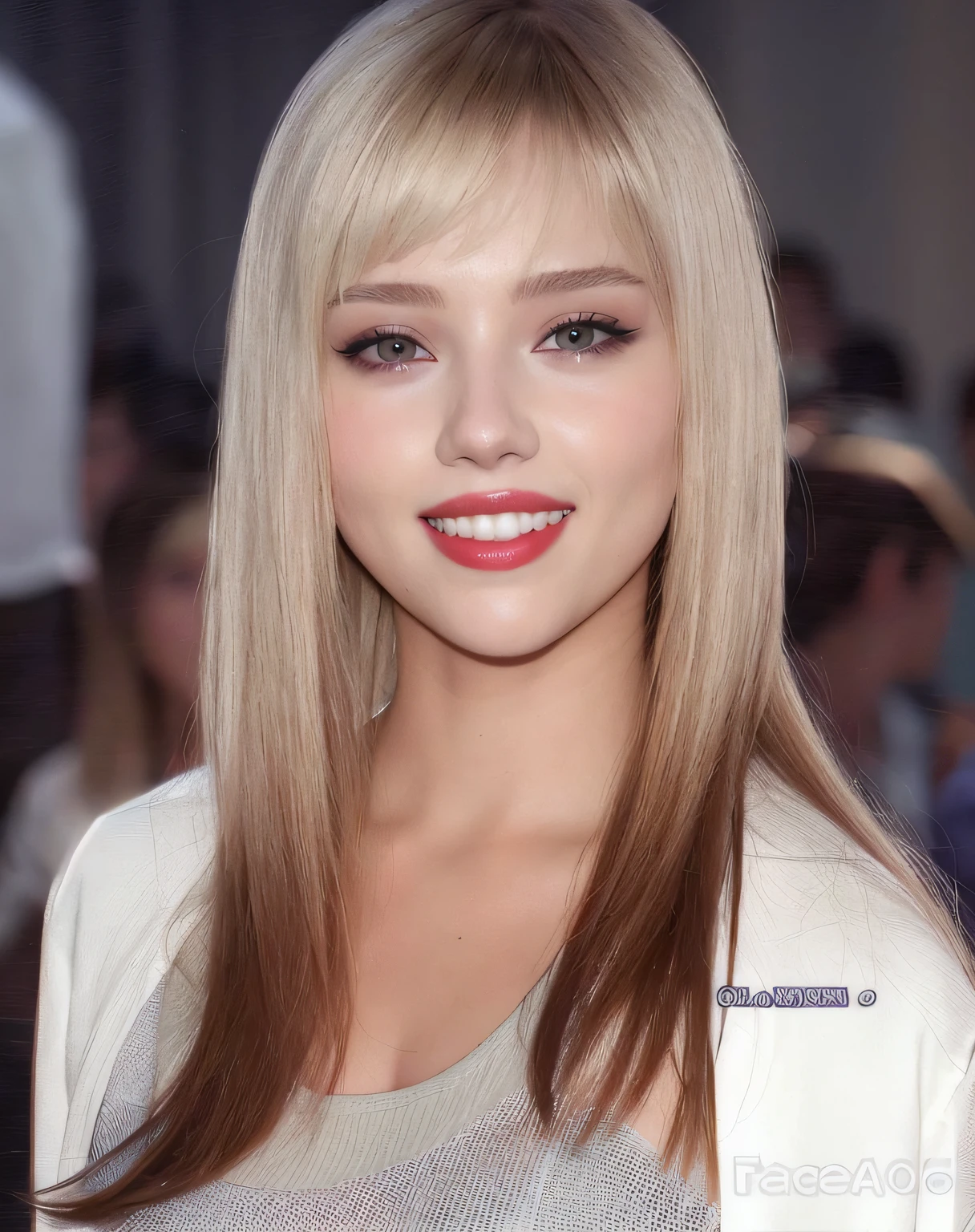 a close up of a woman with long blonde hair and a white jacket, with bangs, center parted bangs, with a fringe, central parted fringe, young scarlett johansson, face like ester exposito, with full bangs, with a brown fringe, 2005, 2 0 0 5, straight bangs, straight fringe, 2 0 0 4. dominant look, perfect eyeline, Super red lips