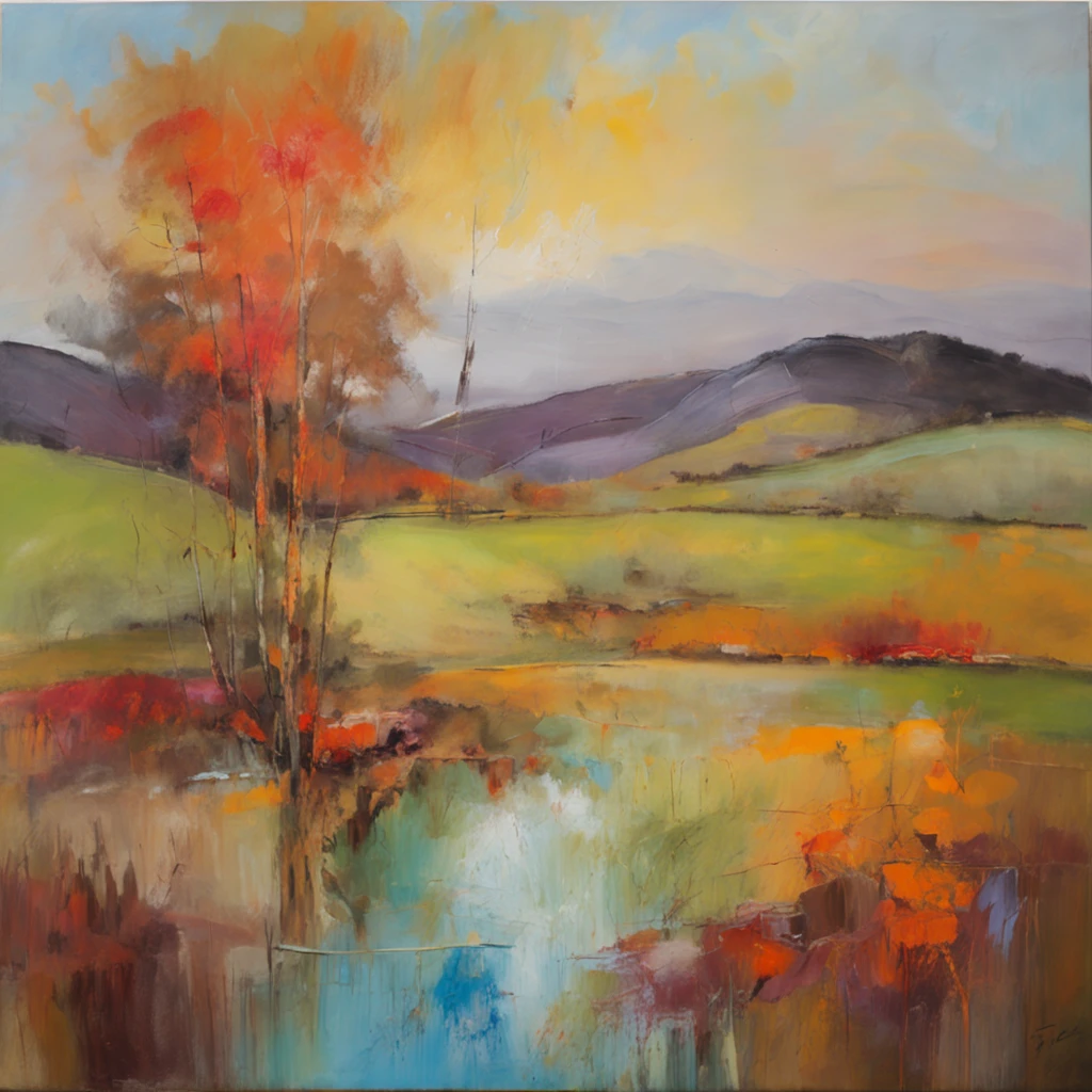 An oil painting of a landscape with rolling hills and trees in the style of Degas