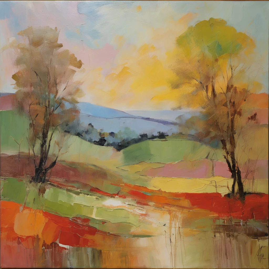 An oil painting of a landscape with rolling hills and trees in the style of Degas