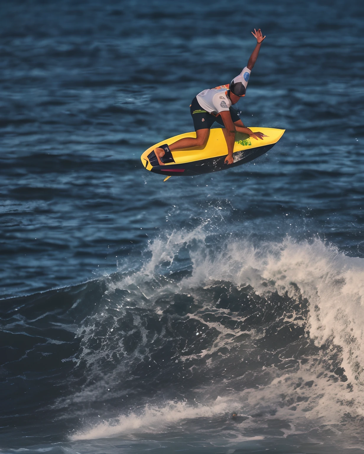 Take a very realistic photo of this man on the beach with big hair and his surfboard saying "Jesus' messenger"