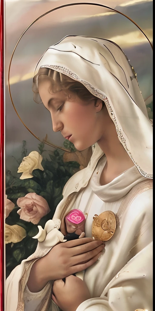 (((Blessed Virgin Mary and the baby Jesus. 19 years old))) ((( Con una cara seria y piadosa. Con una mirada dulce y tierna))) (obra maestra, calidad superior, mejor calidad, arte oficial, beautiful and aesthetic: 1.2), (1girl), extremadamente detallado, (Arte fractal: 1.3), colorido, highest detailed, Cara perfecta, parte superior del cuerpo, HDR, (orando: 1.3), (golden lines of white coat: 1.2), galaxia, (rayas de luz), eye-catching visuals, (dynamic stripes, senderos luminosos: 1.2), colores vibrantes,