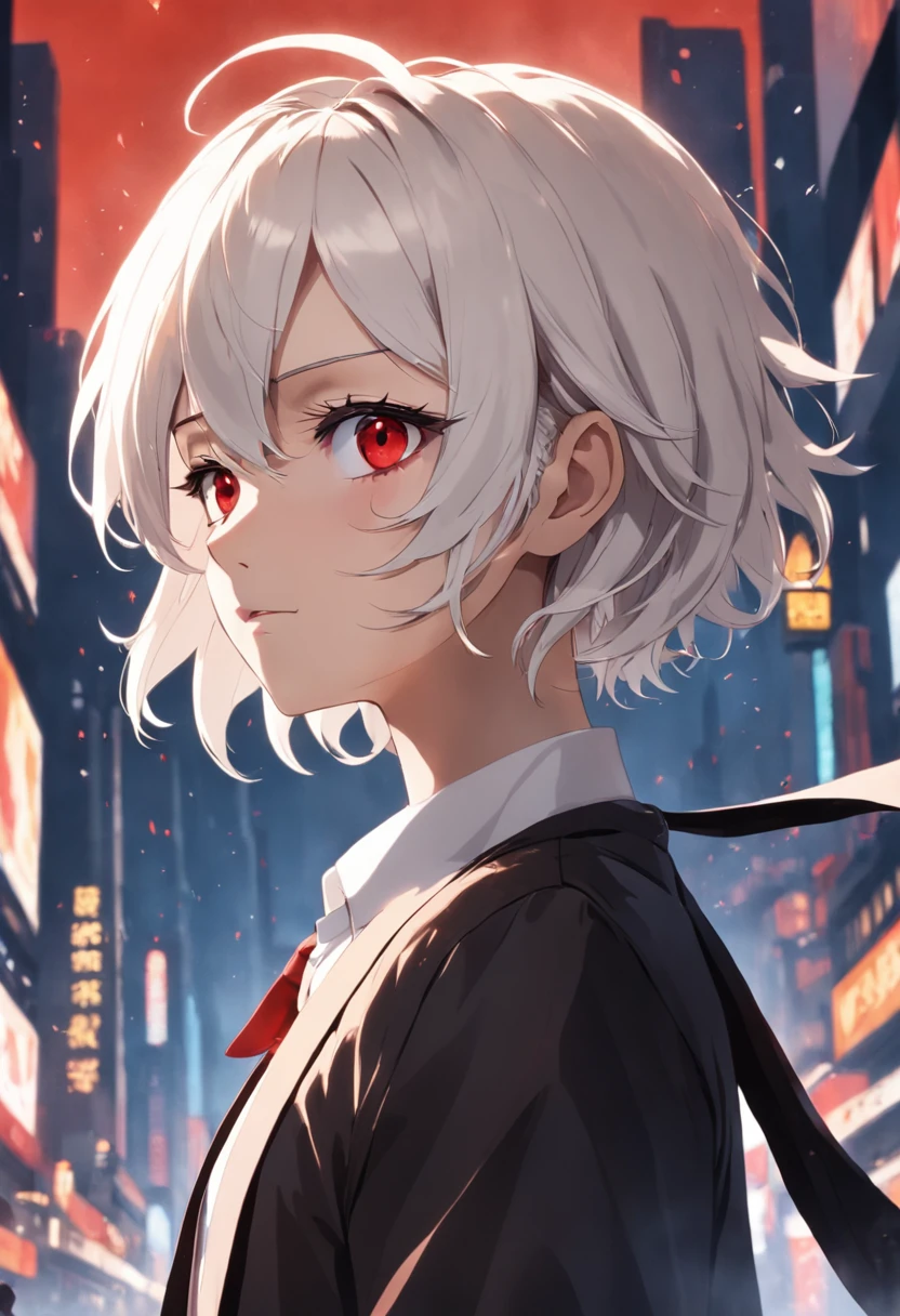 Young male，with short white hair，Two strands of brown hair hang down at the sides，red color eyes，Black swallowtail suit，Indifferent atmosphere，Two-dimensional style，2D rendering，full bodyesbian，Hyper-realistic photo，4K