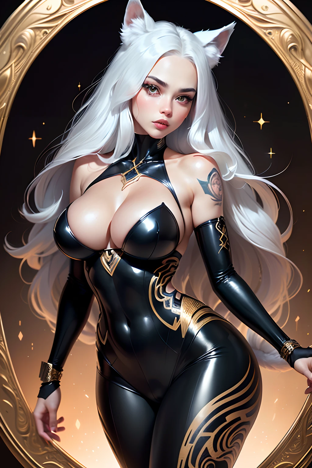 Coloring page Line art, Black and white, intricate line art, artstation, stunningly beautiful Alina Kabaeva face whit Lisa Ann body in her 20 as a pure white and very cute fox beast woman, black rubber suit, tattoos, white long wavy hair, sparkling gold big eyes, abs, great proportions, full body shot, background kaleidoscope, anime, illustration, fantasy, portrait, animification, high resolution, best quality, very high image quality, ultra detailed,