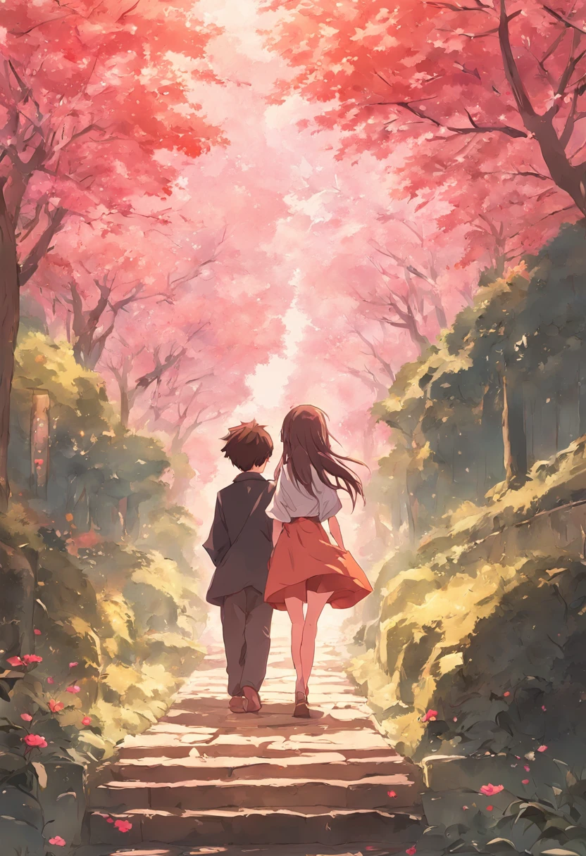A romantic couple walking together in a Japanese spring garden. Anime flat illustration art style, garoto de cabelos pretos. Garota de pele queimada, cabelos cacheados