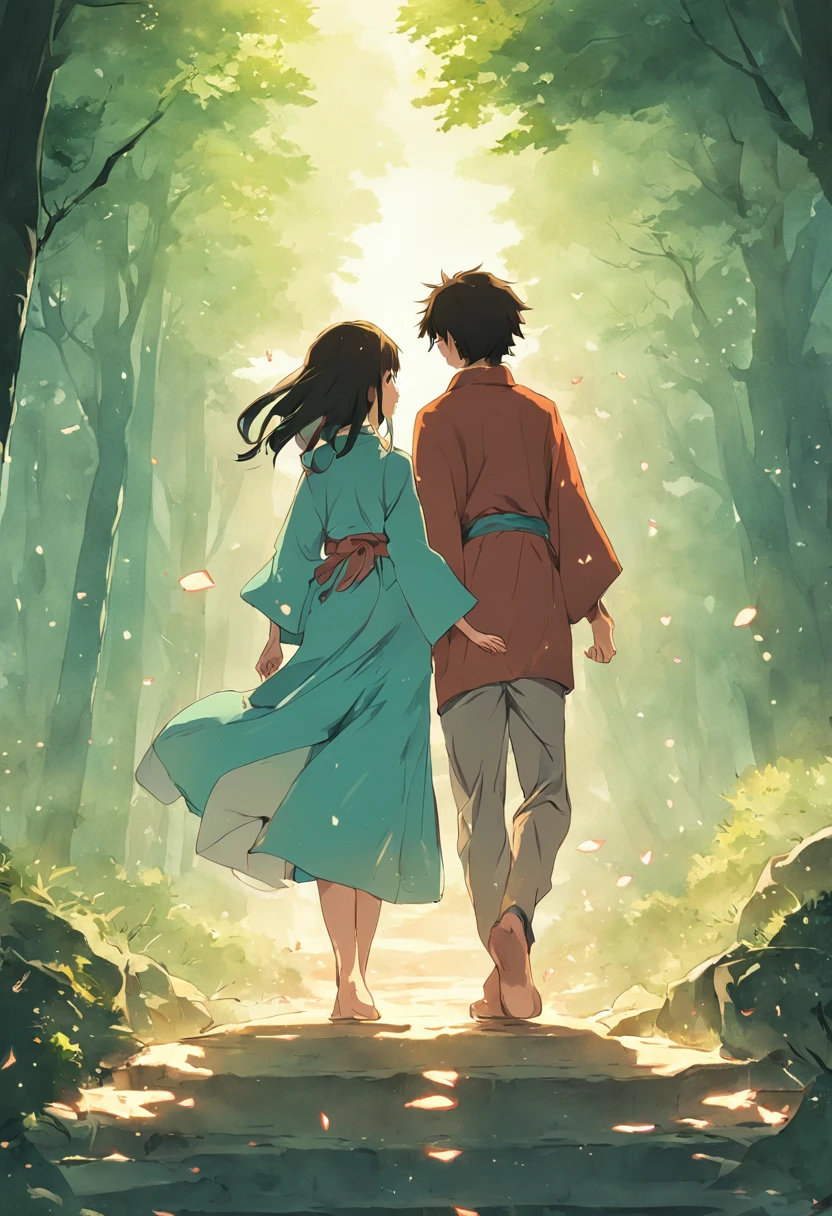 A romantic couple walking together in a Japanese spring garden. Anime flat illustration art style, garoto de cabelos pretos. Garota de pele queimada, cabelos cacheados
