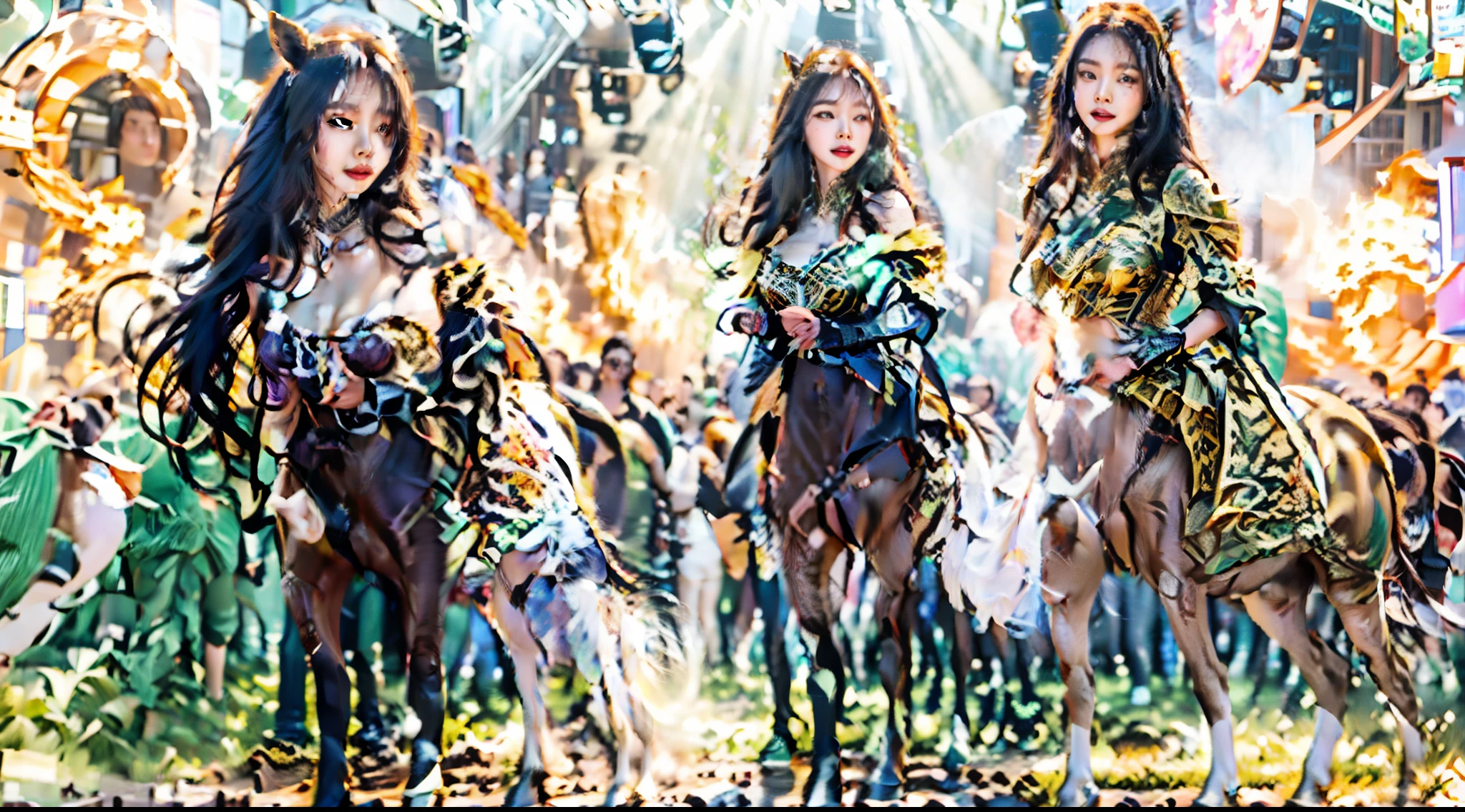 *Scenario description:**
In the mysterious natural world,Towering snow-capped peaks blend in with dense forests。Sunlight shines through thick clouds,Shine on this magical land。Against this beautiful background,The eight centaurs show their own unique beauty。
**Character description:**
1. **Neon Moon Shadow:** She is an elegant centaur,Long hair like stars in the night sky,Bright moonlight seemed to surround her。The elegant blue dress shows her nobility,A gentle smile on his face。
2. **Firestorm:** Powerful flame elements surrounded her,The burning mane seems to set the forest on fire。Her gaze is firm and energetic,Wear red armor that looks like flames。
3. **The blue sea is crystal clear:** Long watery blue-green hair fluttering gently,Her eyes were as deep as the sea。The flowing blue dress seems to blend in with the surrounding water,It shows her spirit and purity。
4. **The shadow of the green forest:** Wearing a forest green cape,She seems to be at one with nature。Her eyes were filled with calmness and wisdom,In his hand he holds a staff that contains the power of nature。
5. **Thunder Charge:** Electric lights jumped around her,Her mane rolled like a thundercloud。There was determination in her eyes,Dressed in black armor,Showcase unmatched strength。
6. **Golden Wasteland:** Long hair like a golden wheat field,A gentle breeze。Her smile was as warm as the summer sun,She wore a golden dress,It smells of harvest。
7. **Phantom Starry Sky:** wearing purple cloak,Her gaze was as deep as the universe。Dotted on the ends of her hair,It seems to carry the mysterious power of the starry sky。
8. **Frost and snow ice heart:** Her skin was as white as snow,There was an icy breath in his eyes。She wears a silver-white robe,Snow and ice underfoot,It's like an ice goddess descending to earth。
