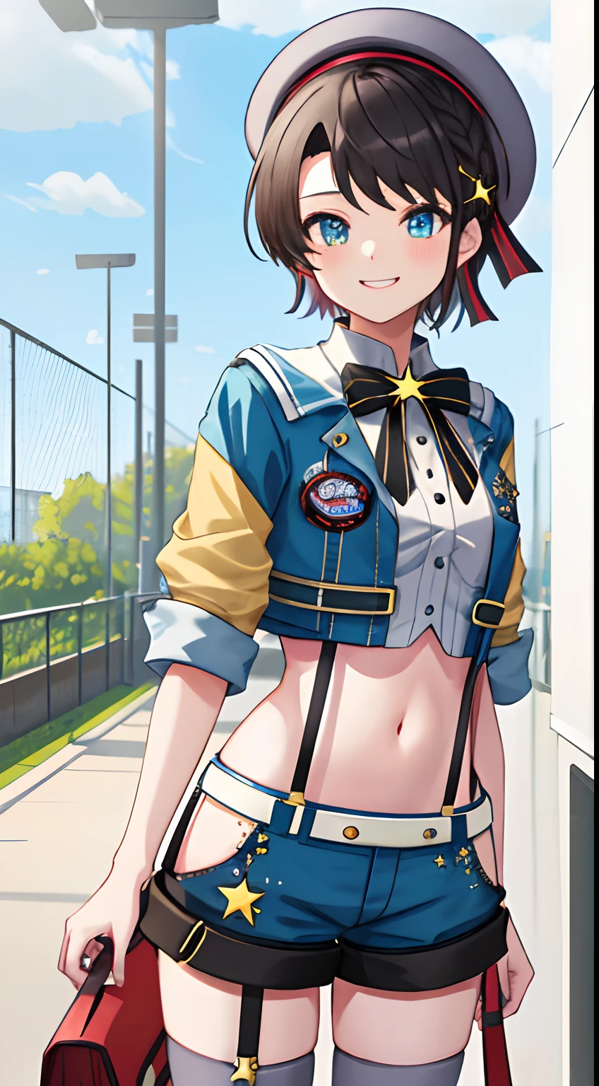 2D, masterpiece, top-quality, animesque, ighly detailed, cowboy shot, 1girl in, 独奏, Subaru_suspenders, Subaru_suspenders, french braids, Blue jacket, Grey shirt, Black bow tie, Star\(Symbols\), Blue shorts, Midriff, Gray hat, Grey Socks, is standing,, A smile,playground、blue-sky、clouds